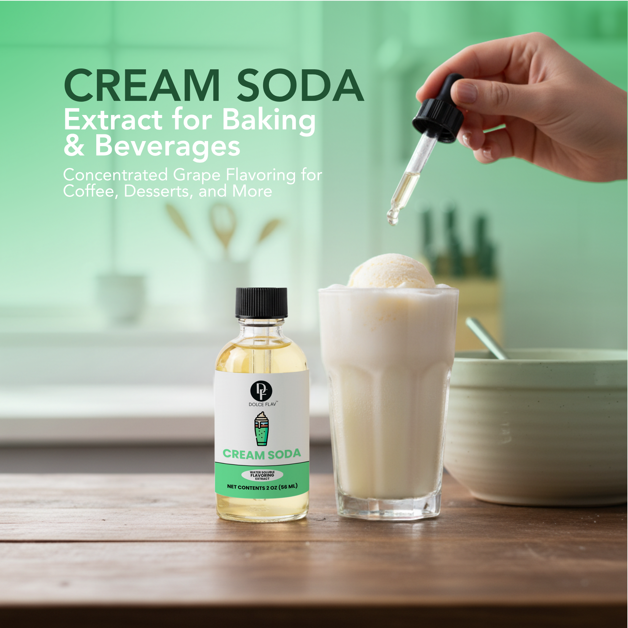 Cream soda extract bottle with a glass of cream soda on a wooden surface.