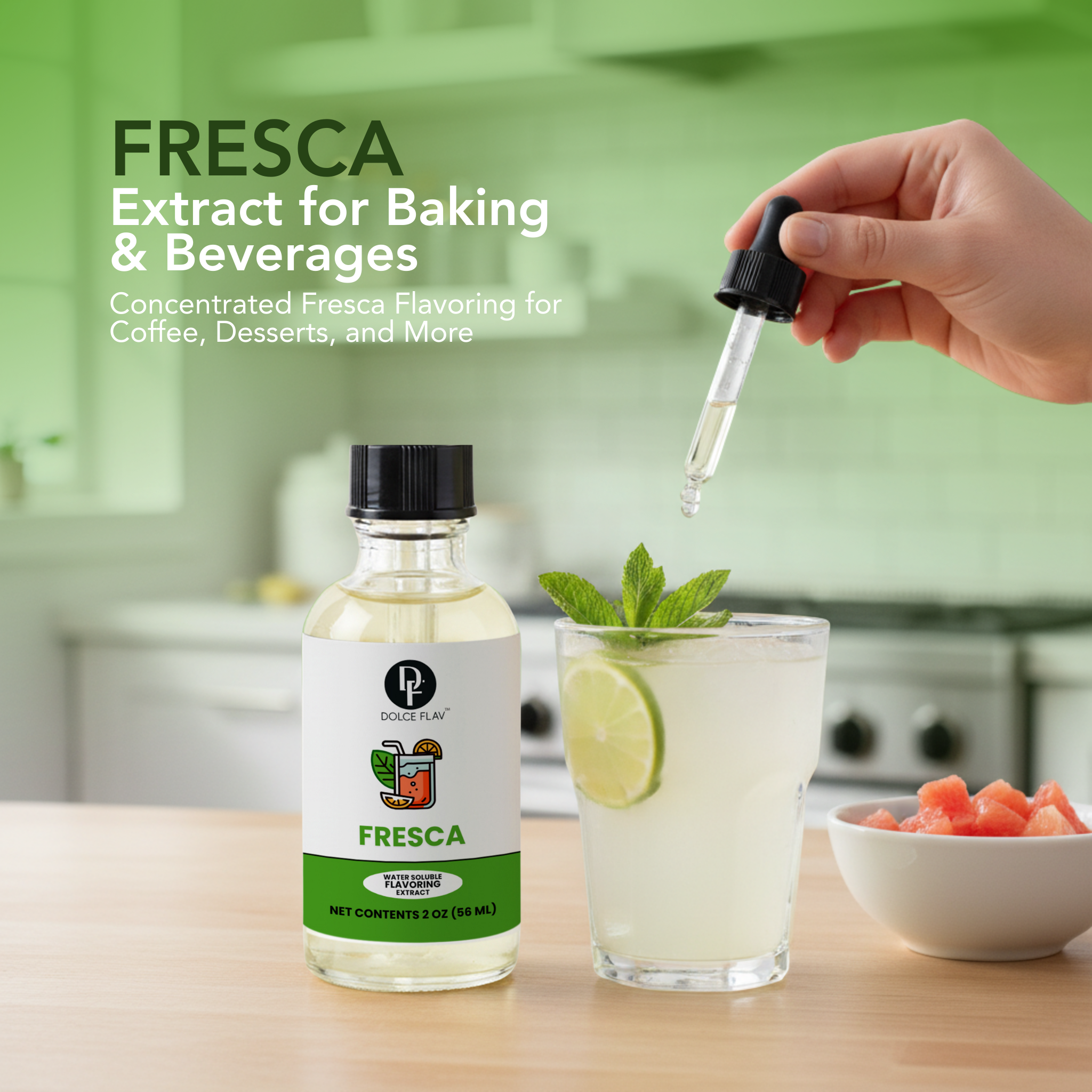 Fresca extract bottle with a dropper being used over a glass of lemonade in a kitchen setting.