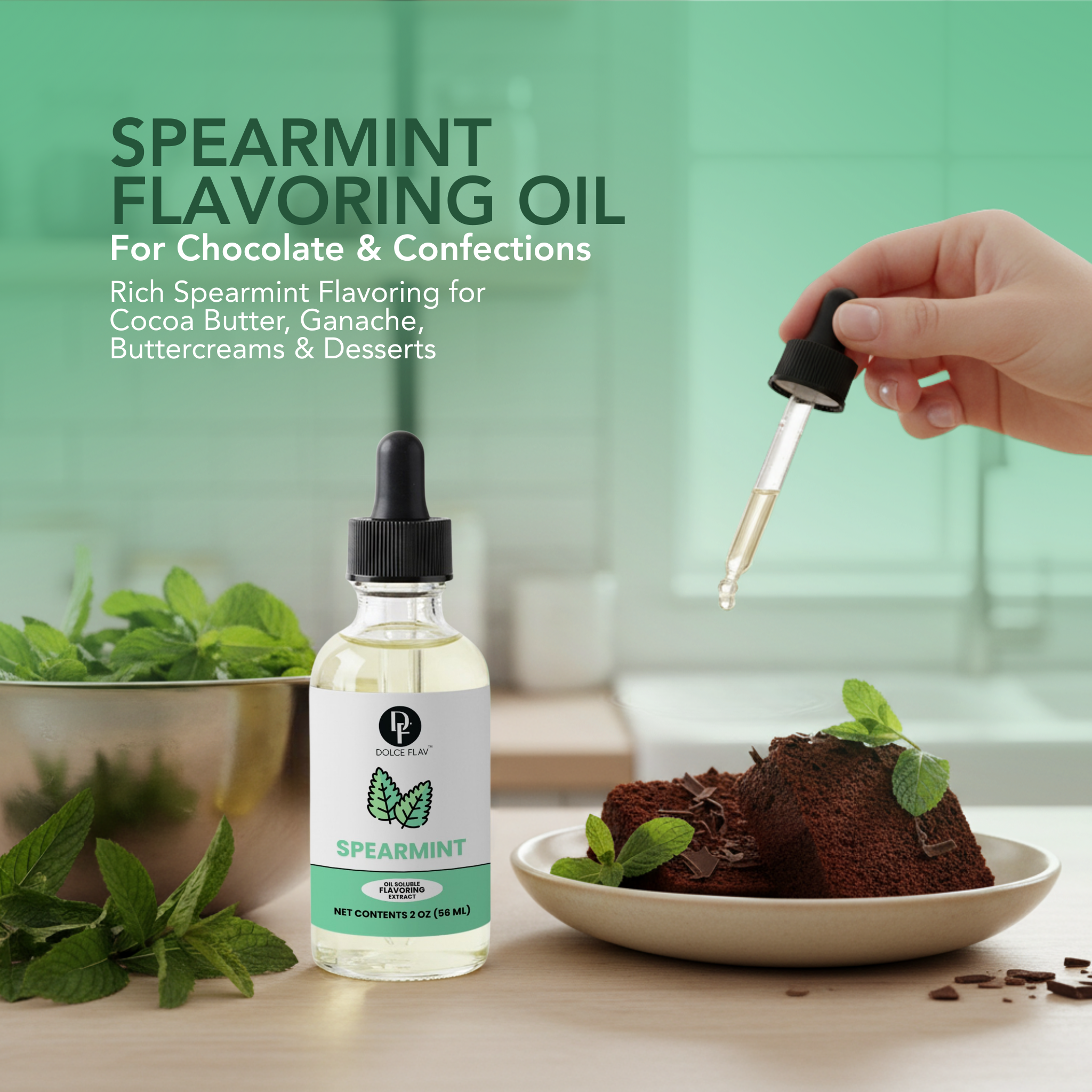 Spearmint flavoring oil bottle with dropper over a plate of chocolate dessert with mint leaves, on a light green background.