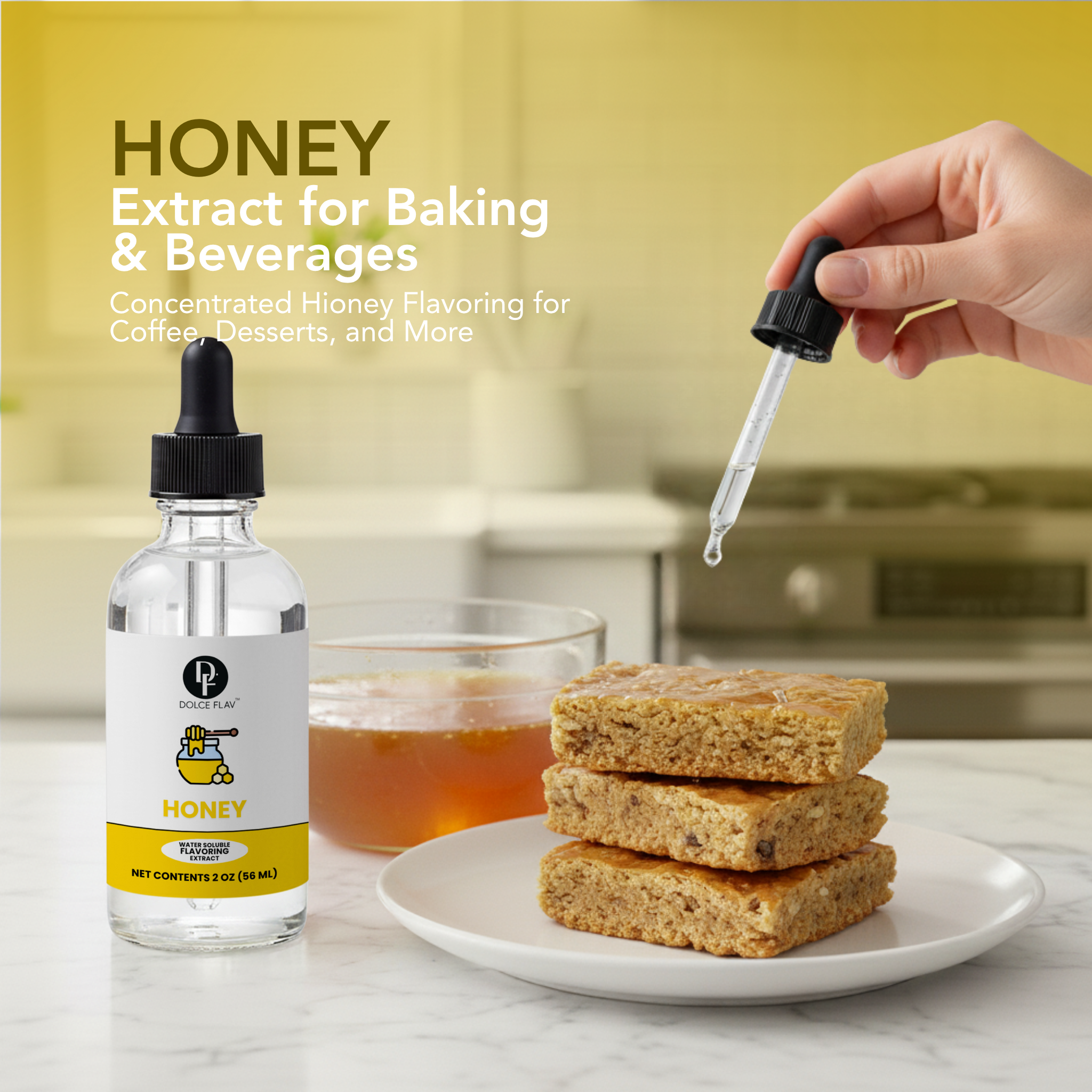 Bottle of honey extract with a dropper, honey in a glass, and honeycomb on a kitchen counter.