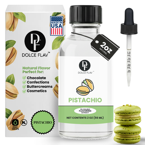 Dolce Flav pistachio flavoring extract with packaging, bottle, and macarons on a white background