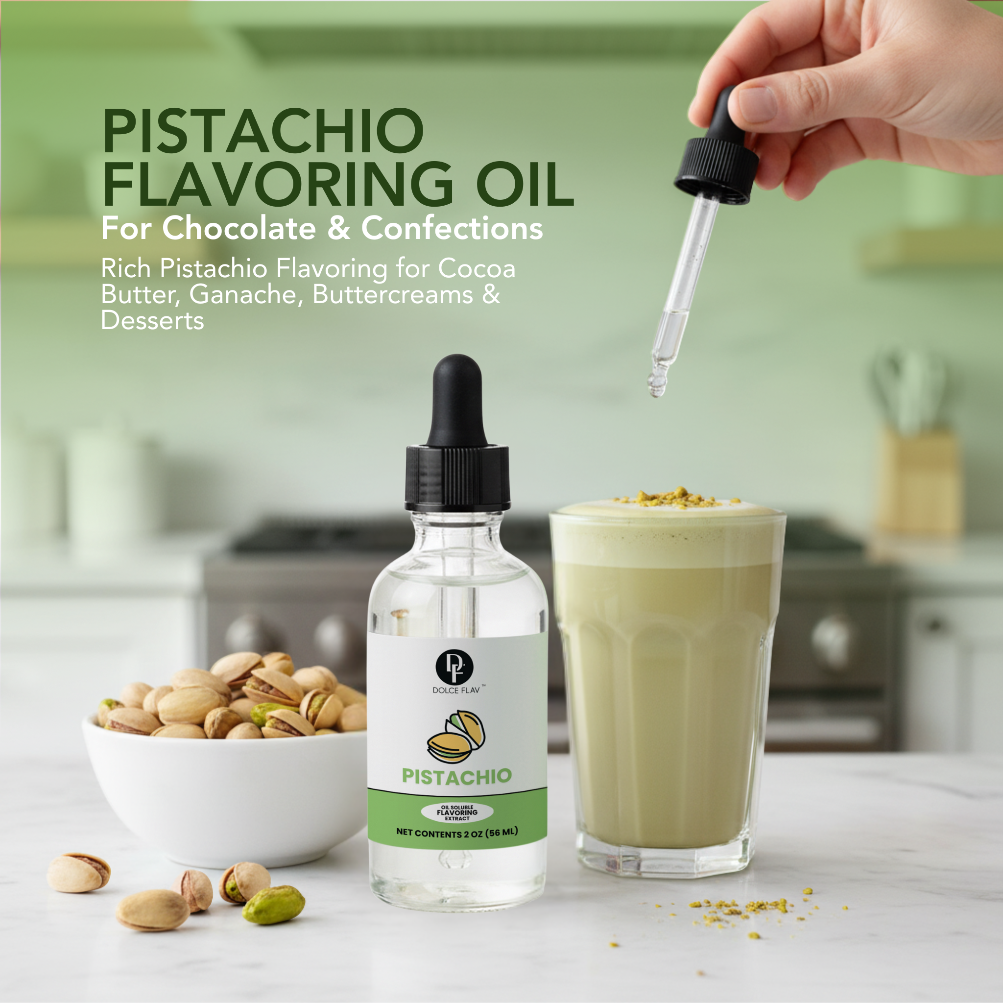 Pistachio flavoring oil bottle with a dropper, pistachios, and a glass of pistachio-flavored drink on a kitchen counter.