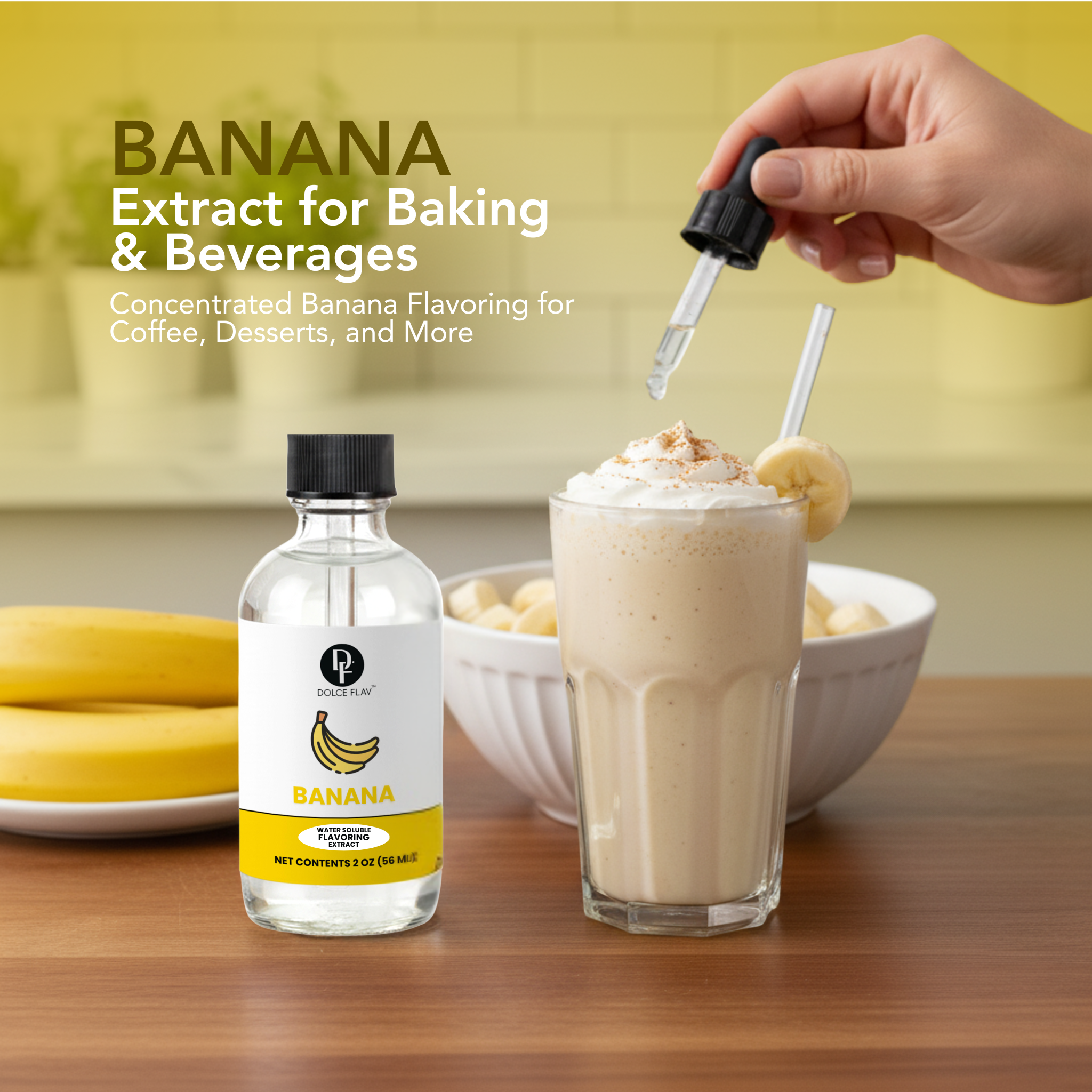 Banana extract bottle with a dropper, banana, and a banana-flavored drink on a wooden surface.