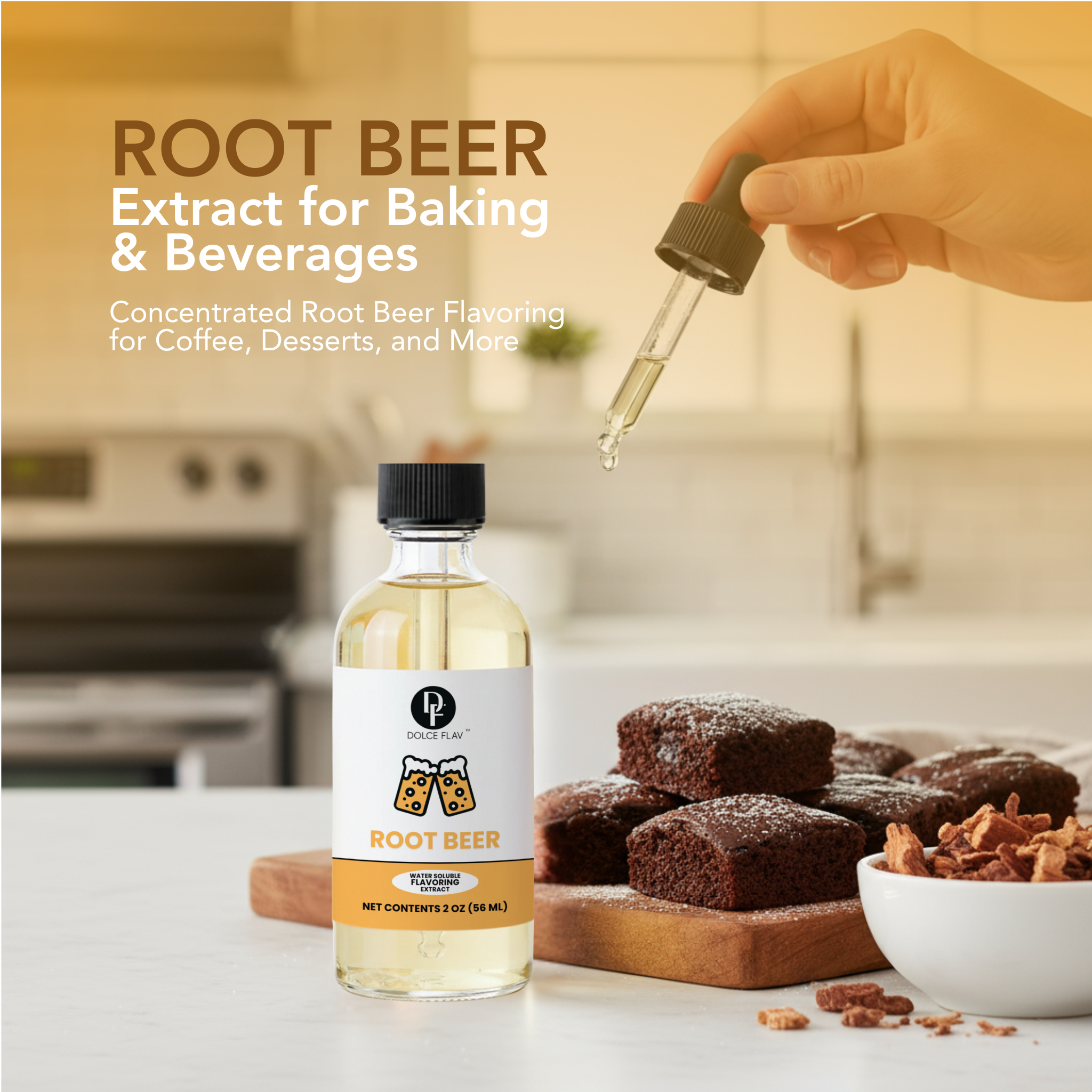 Root beer extract bottle with a dropper over brownies on a kitchen counter
