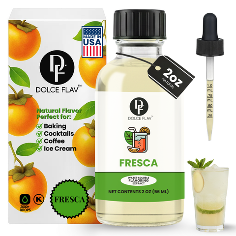 Dolce Flav Fresca flavor extract bottle with packaging, dropper, and a glass of cocktail.