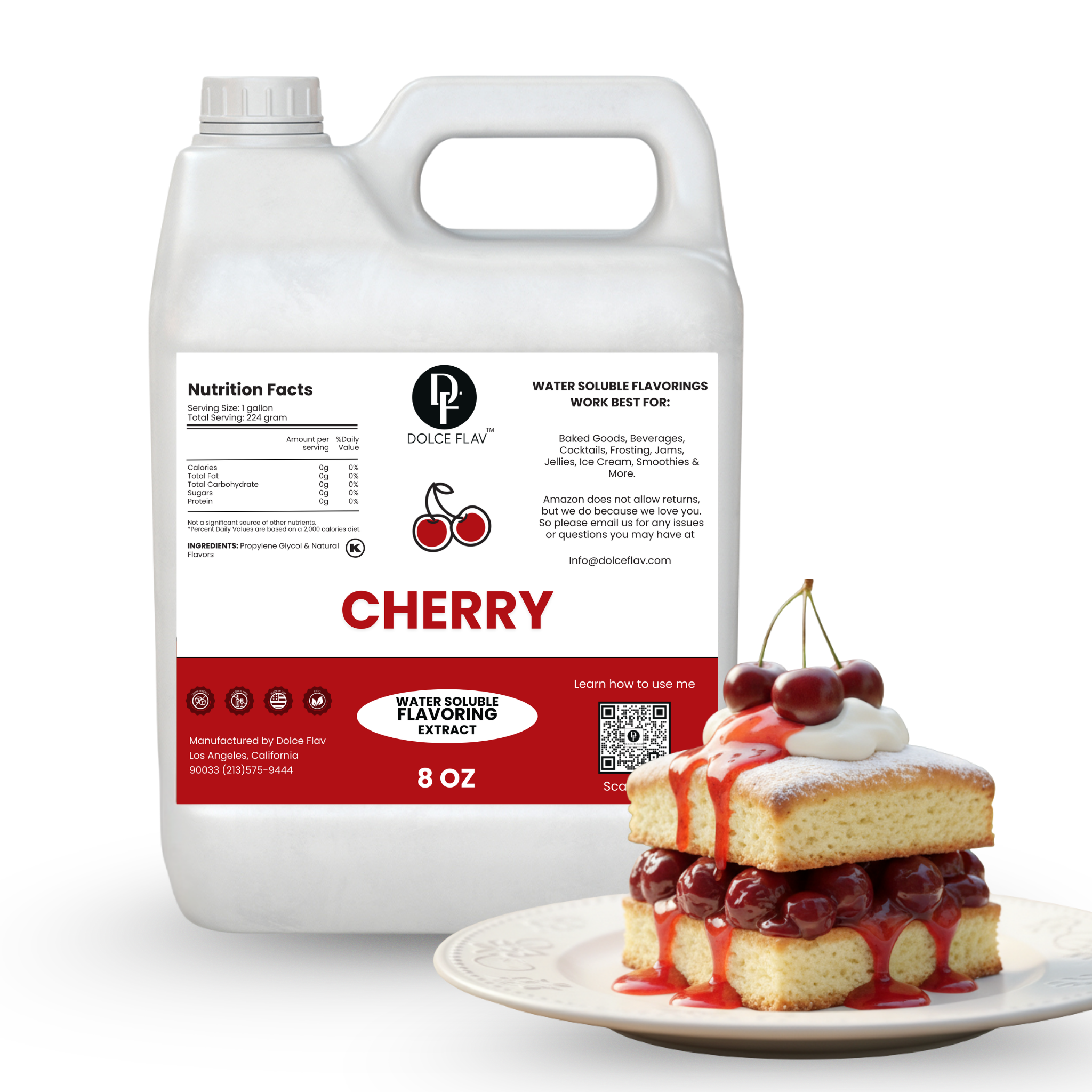 Flavoring extract container labeled 'Cherry' with a cherry-themed dessert on a white background