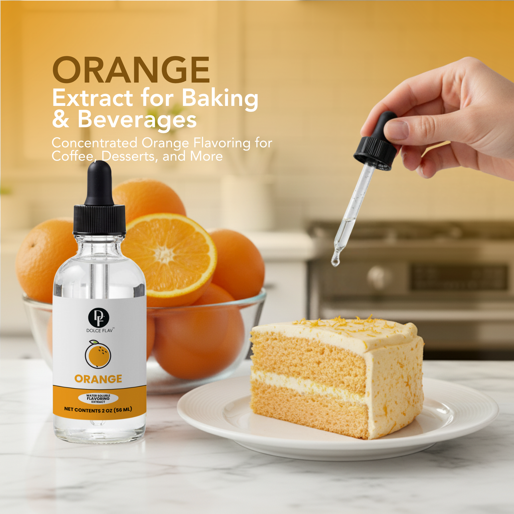 Orange extract bottle with dropper, oranges, and cake on a kitchen counter