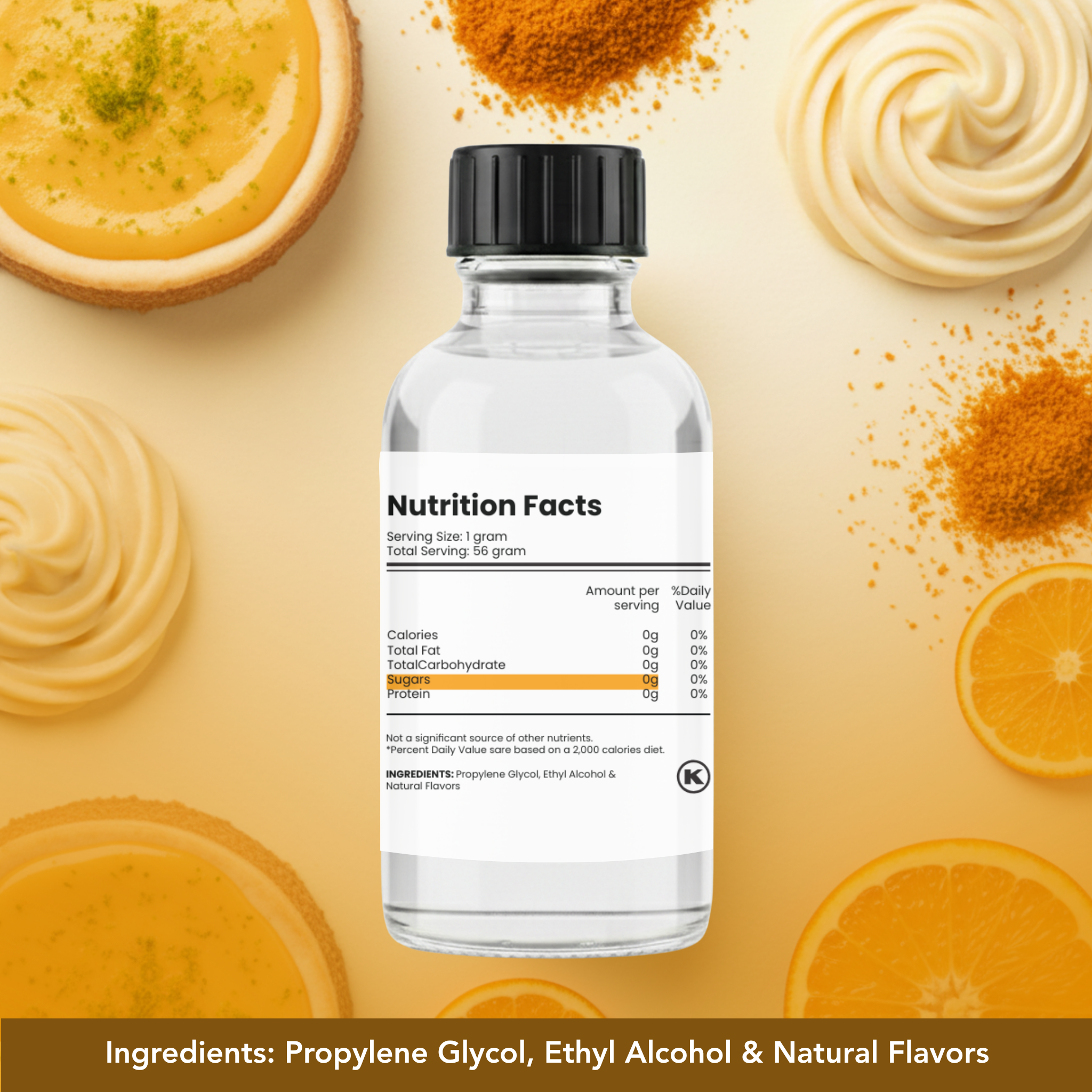 Bottle of nutritional supplement with a yellow background featuring orange slices and spices.