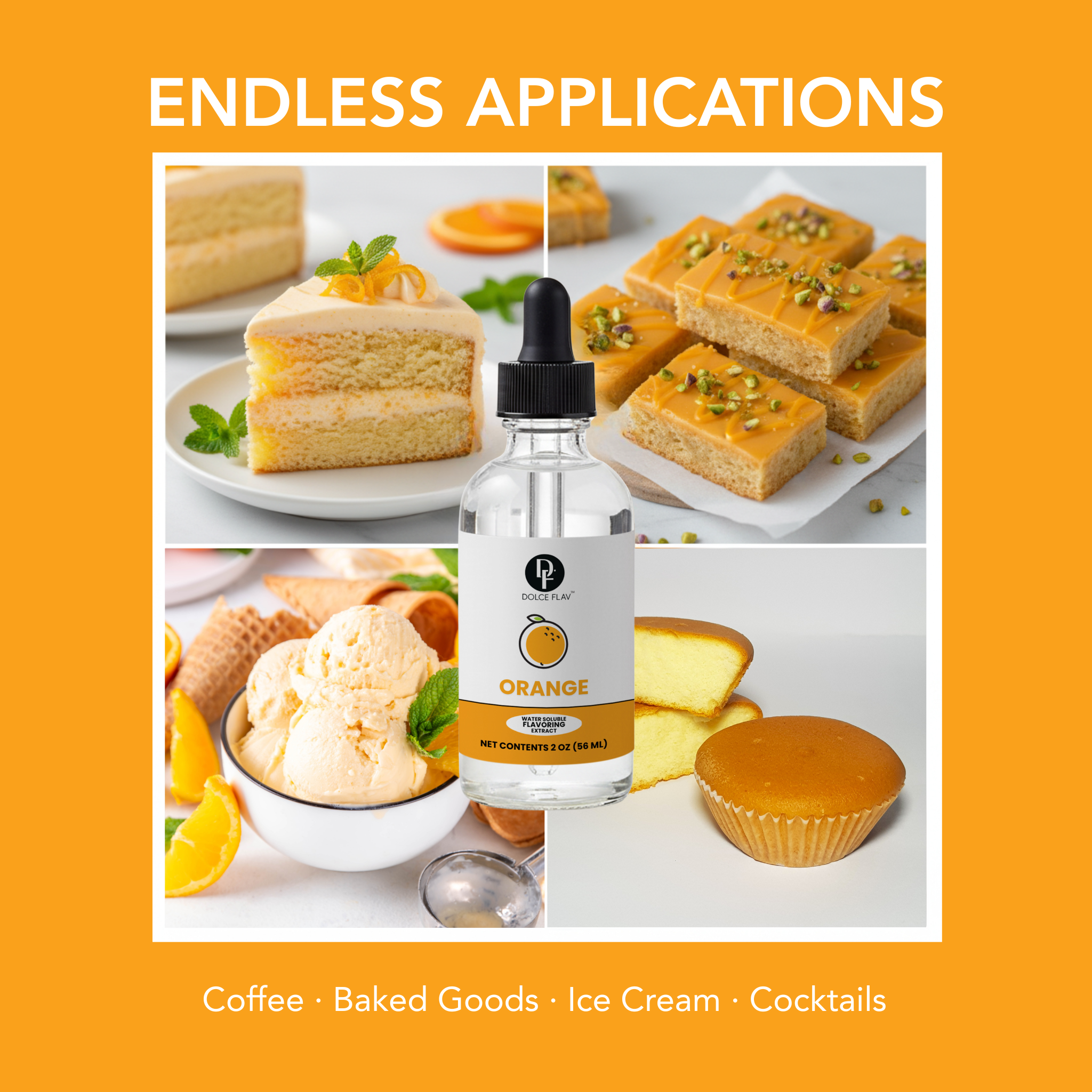 Bottle of orange extract with images of baked goods and ice cream on a yellow background