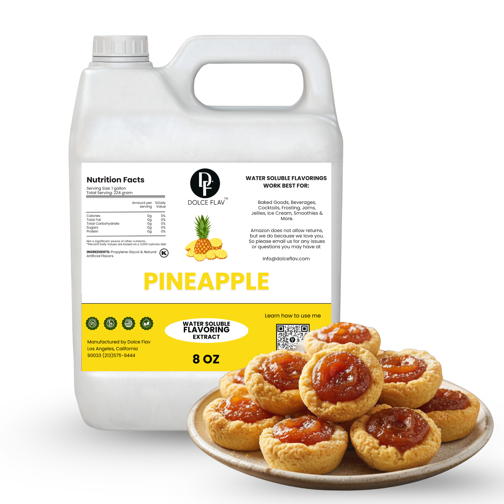 Dolce Flav pineapple extract bottle with cookies on a white background