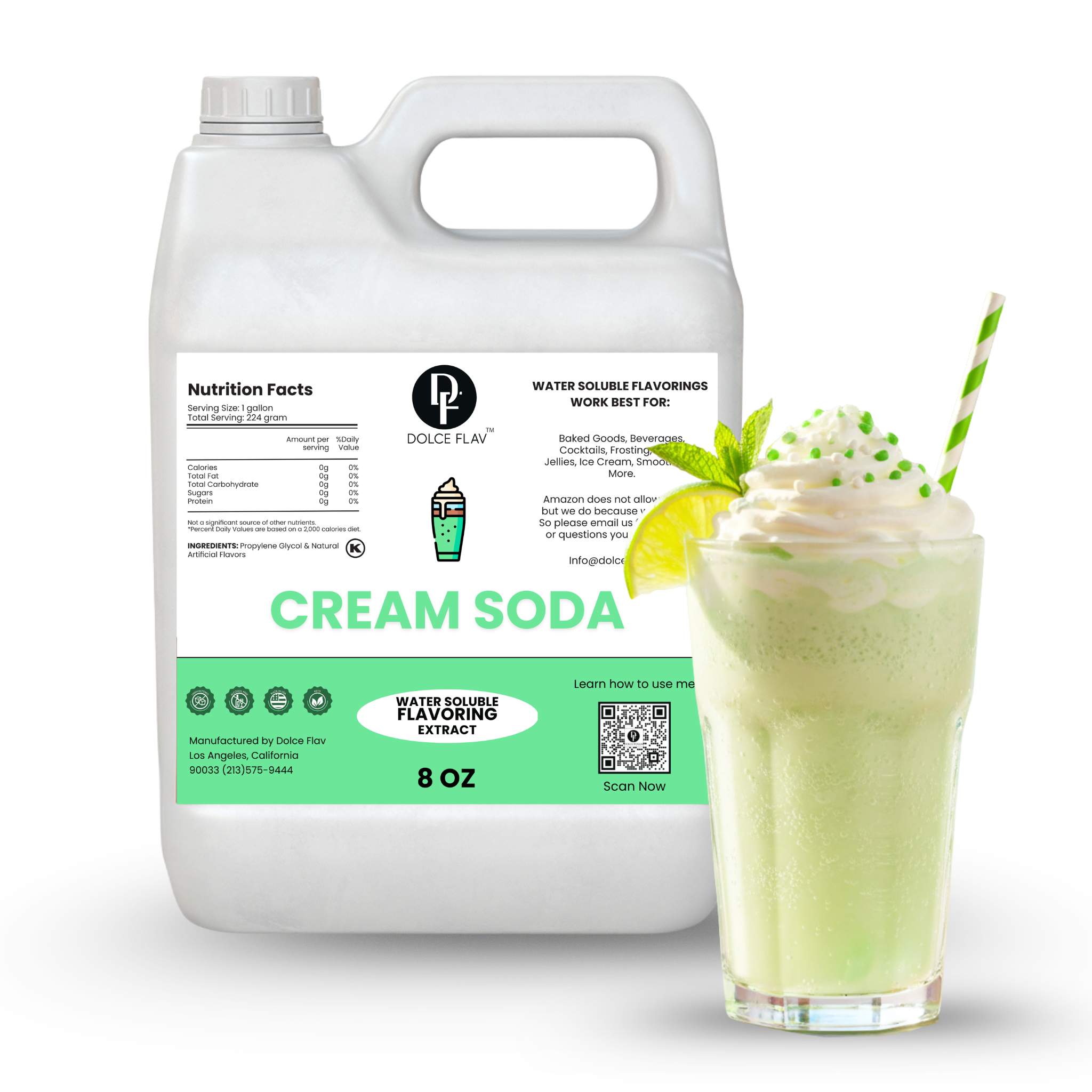 Dolce Flav cream soda flavoring container next to a glass of cream soda with whipped cream and a straw.