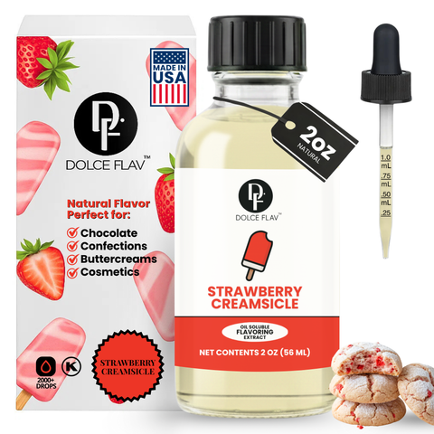 Dolce Flav strawberry creamsicle flavoring extract with packaging and dropper.