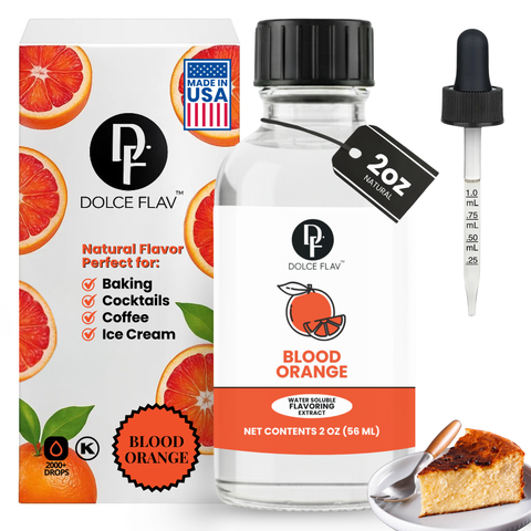 Dolce Flav blood orange flavor extract with packaging and a small cake on a white background