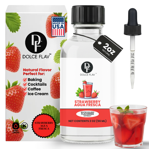 Dolce Flav strawberry flavoring extract bottle with packaging and a glass of strawberry-flavored drink.
