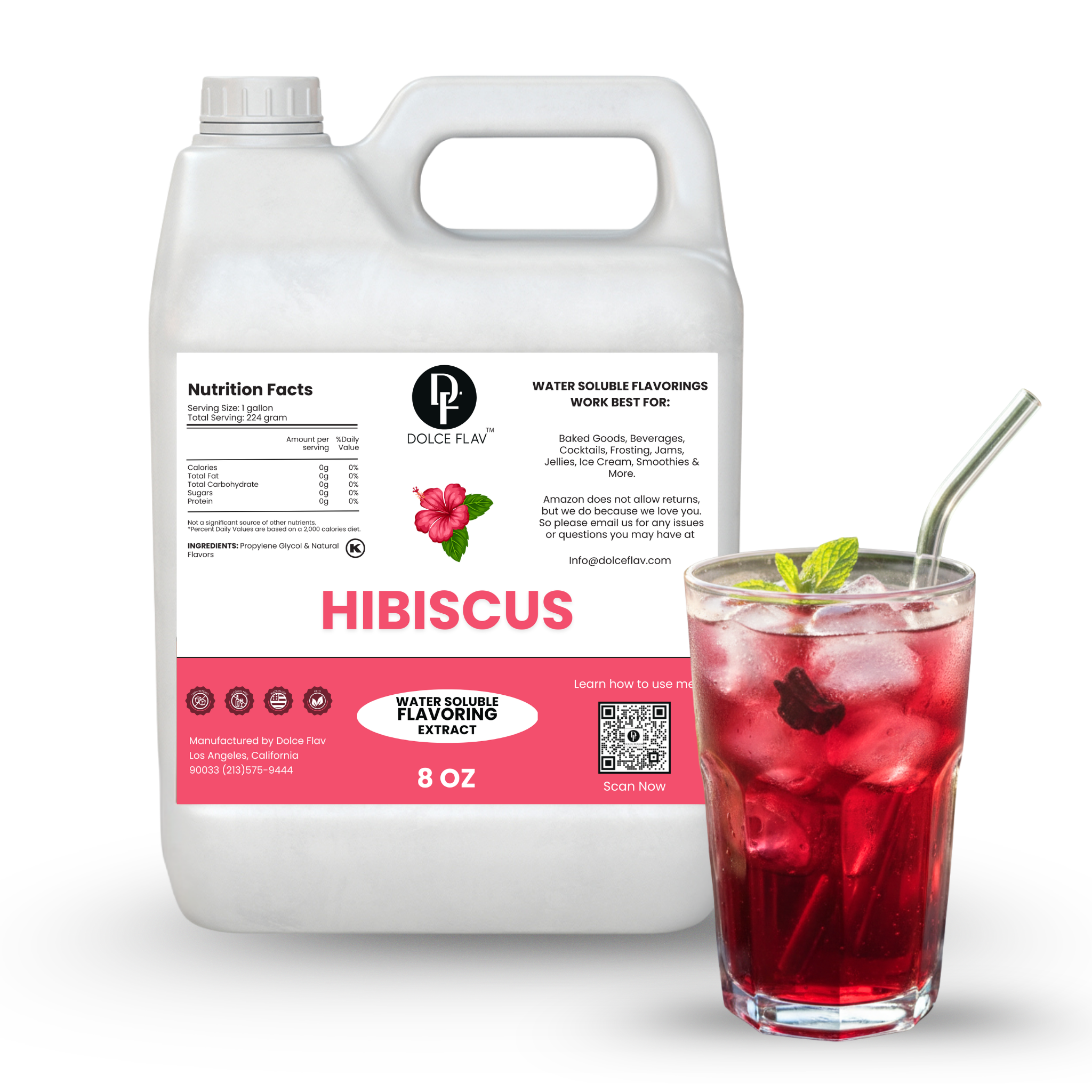 Dolce Flora hibiscus flavoring extract container with a glass of red iced drink.