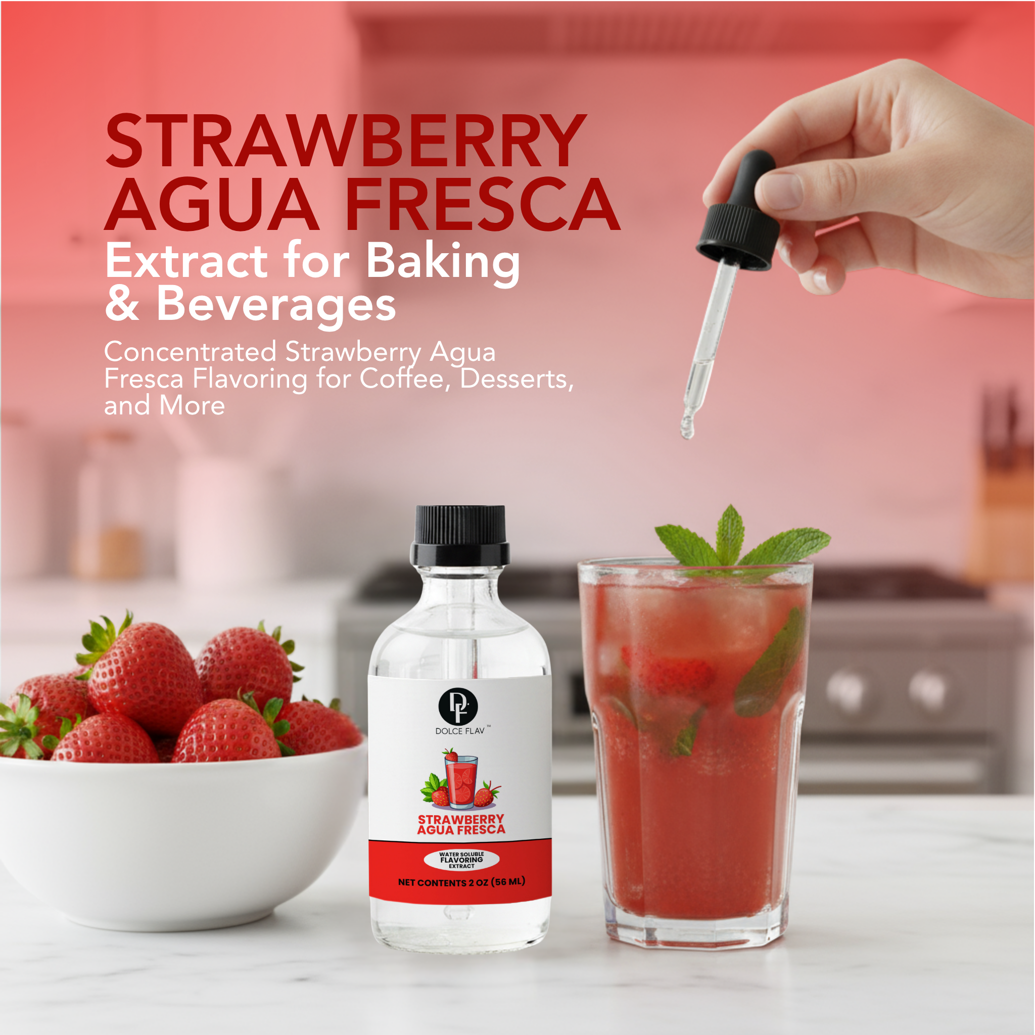 Strawberry Agua Fresca extract bottle with a glass of strawberry drink and bowl of strawberries.
