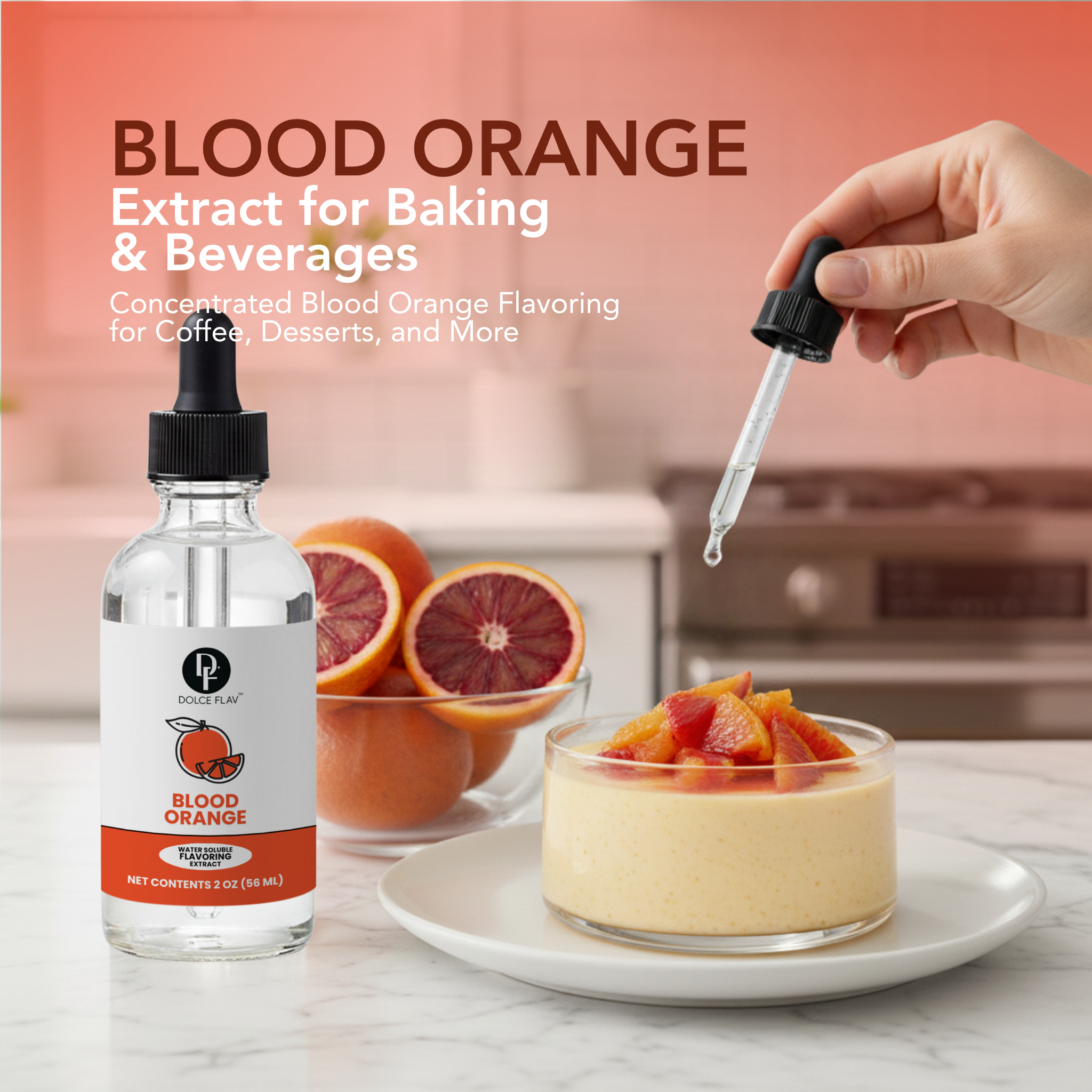Bottle of blood orange extract with a dropper, blood oranges, and a dessert on a kitchen counter.