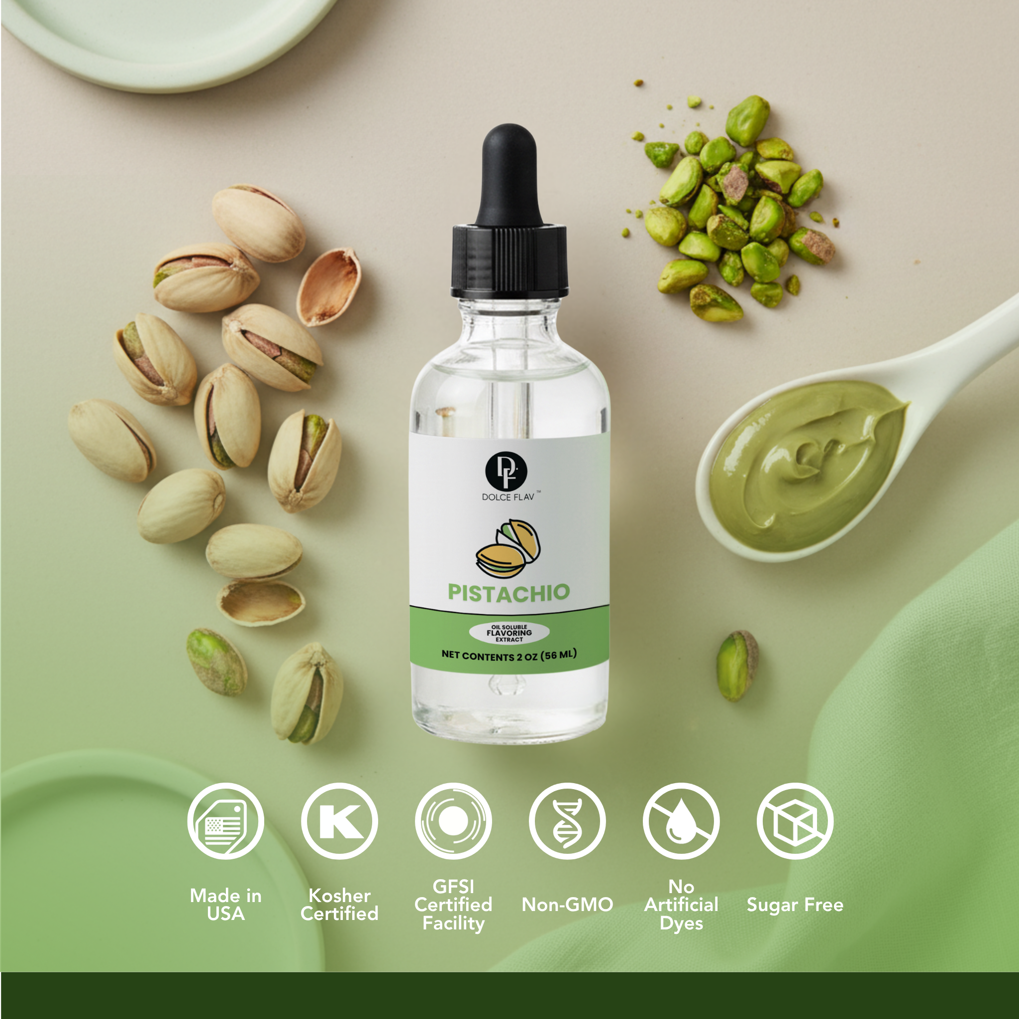 Pistachio-flavored dropper bottle with pistachios and a spoonful of pistachio paste on a beige background.