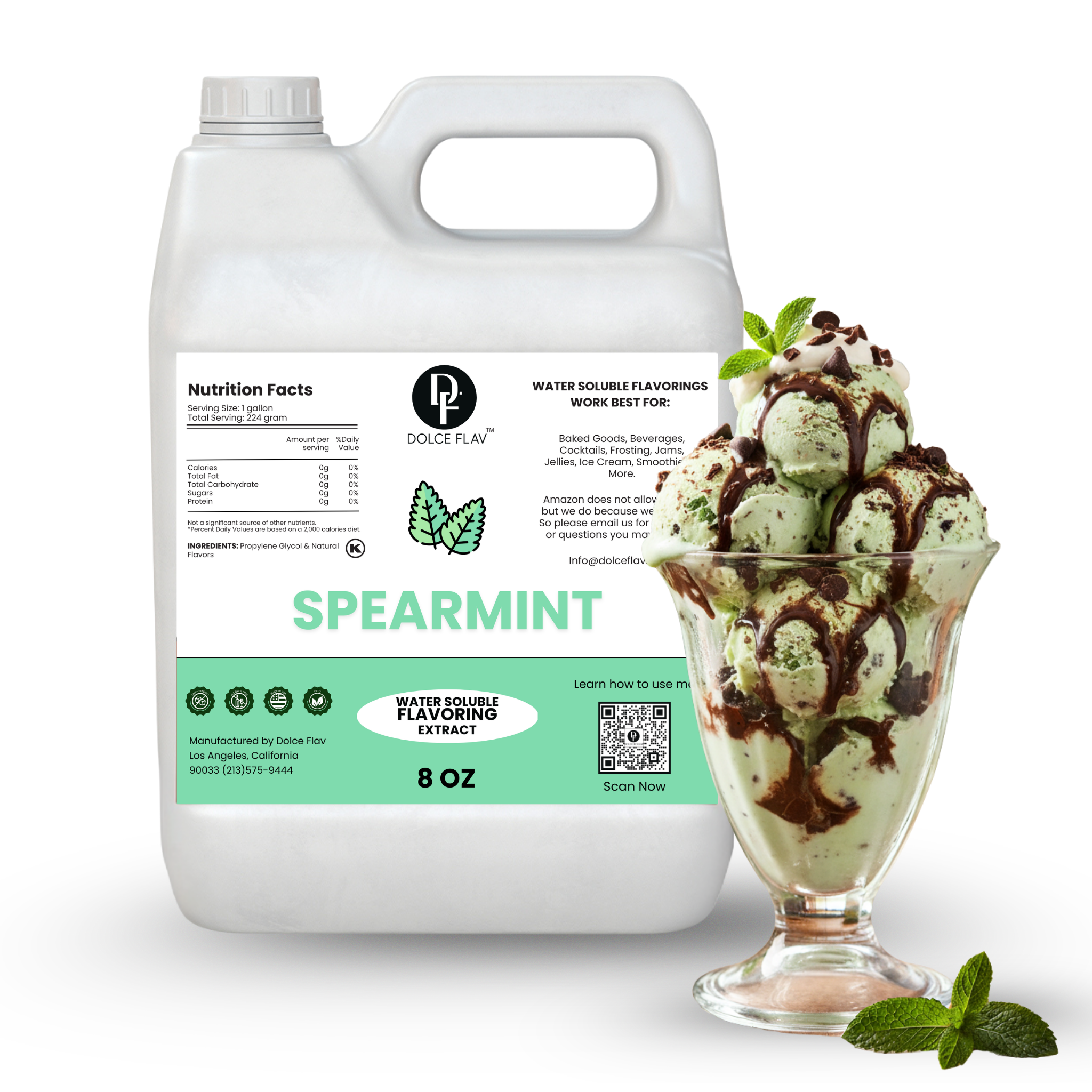 Spearmint flavored ice cream and container with label on a white background