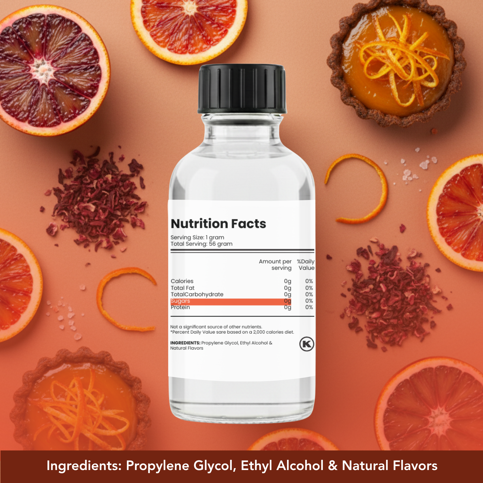 Bottle of a supplement with nutritional facts label on an orange-themed background