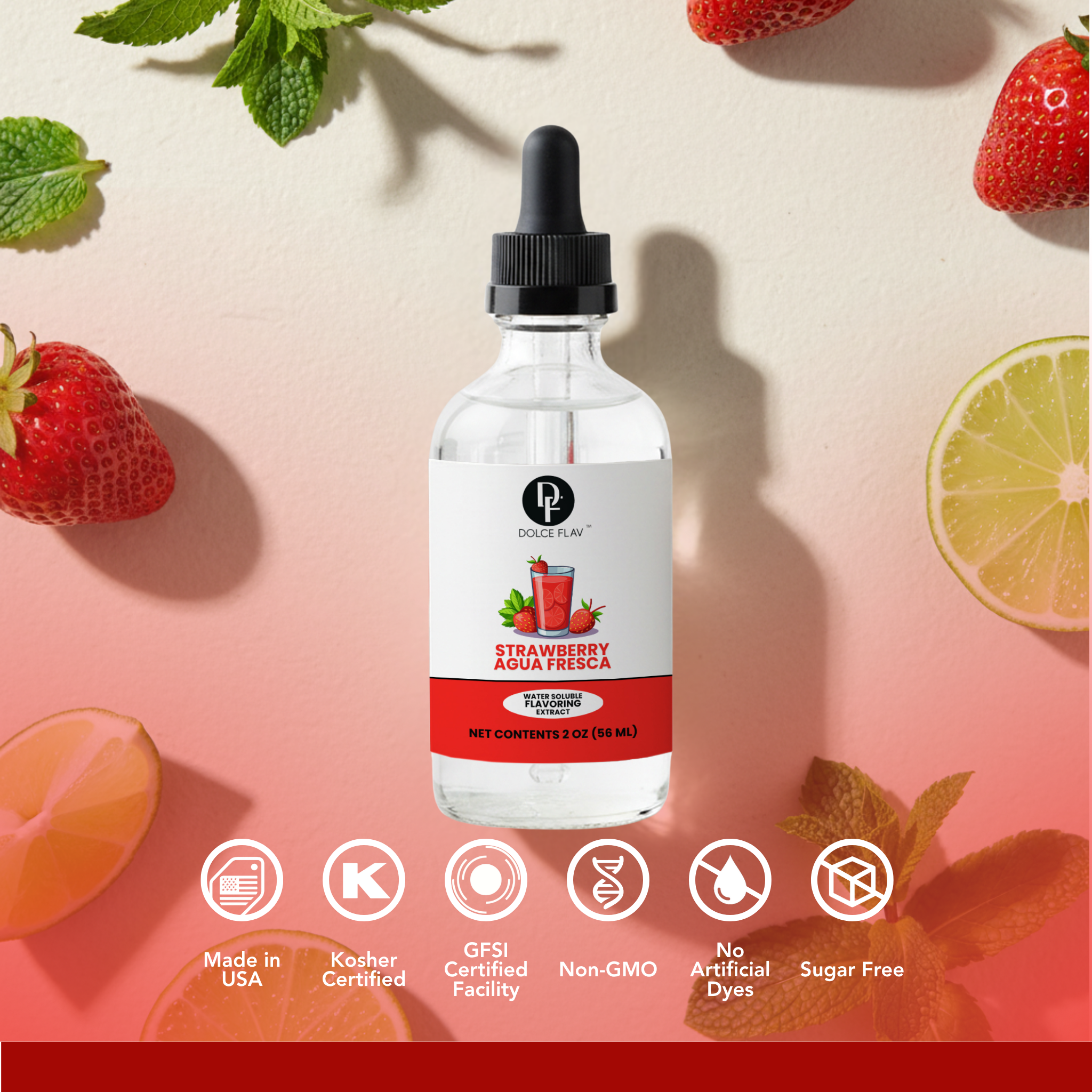 Bottle of strawberry-flavored liquid with fruit elements on a colorful background
