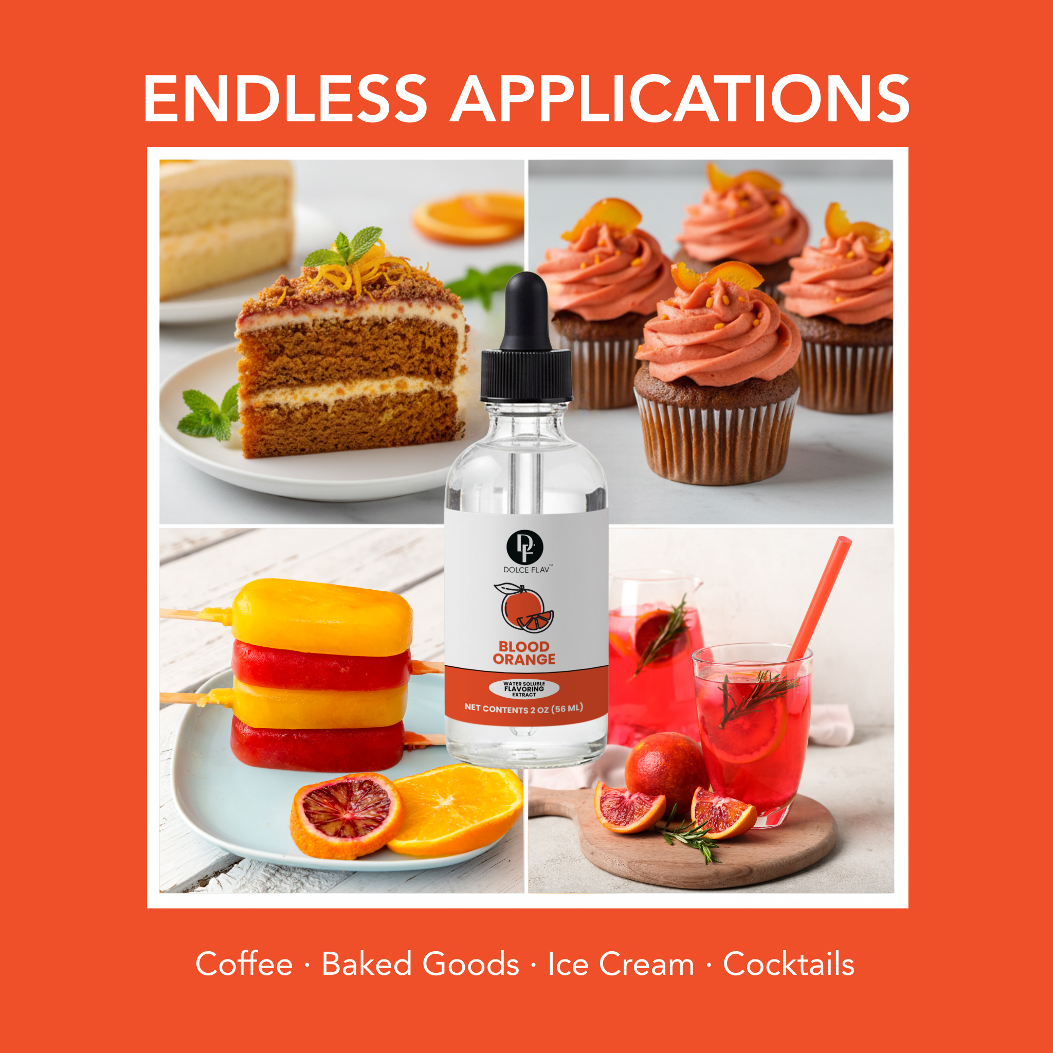 Bottle of blood orange extract with images of food items on an orange background