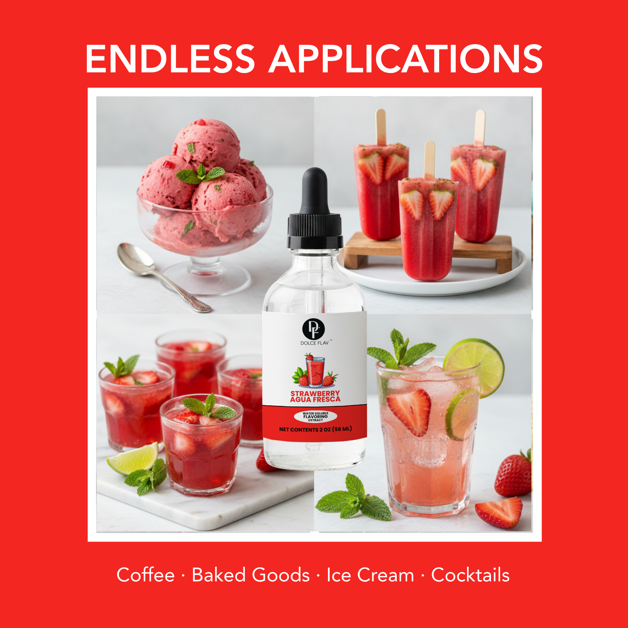 Strawberry-flavored product with drinks, ice cream, and cocktails on a white background.