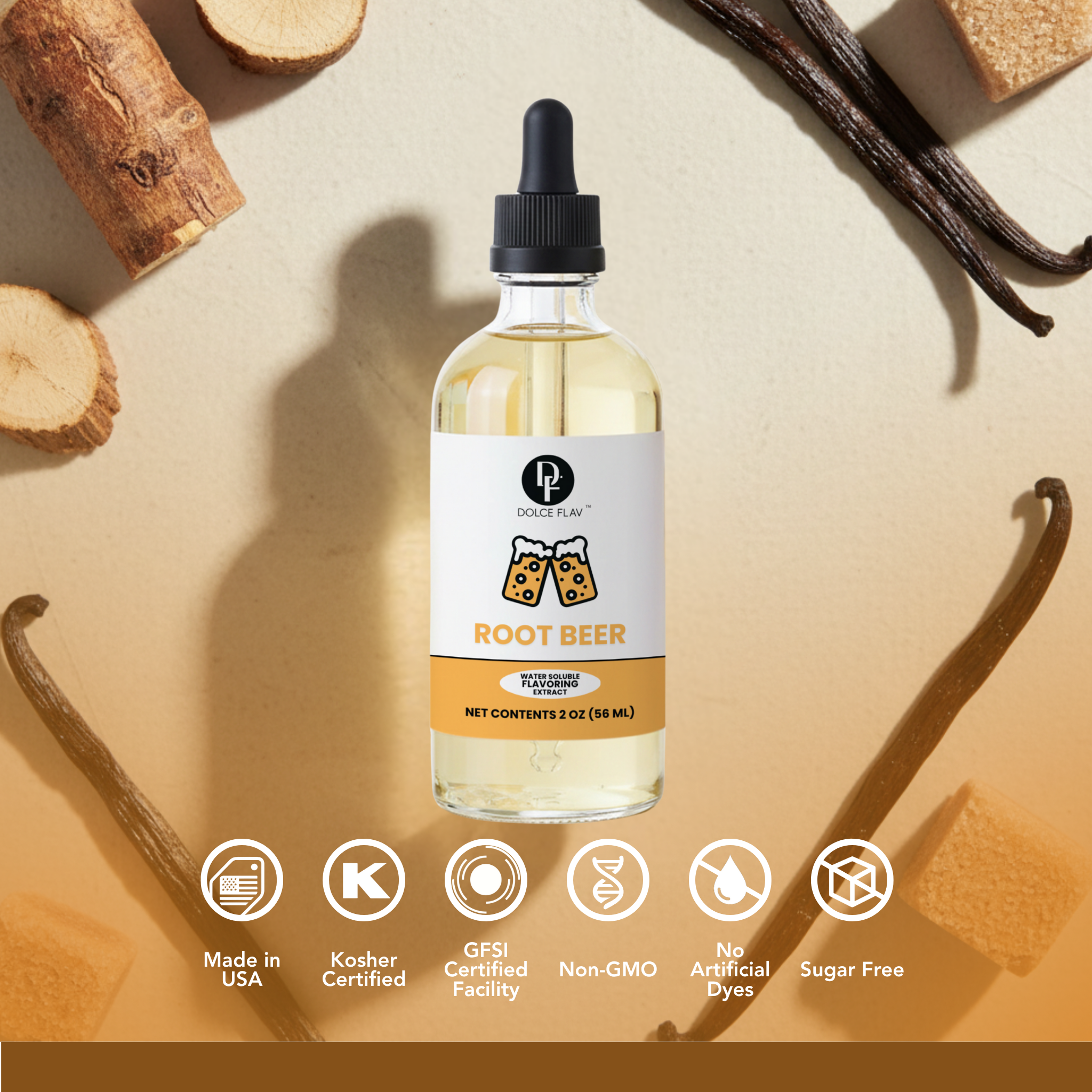 Bottle of root beer flavor liquid with vanilla beans and wood pieces on a beige background