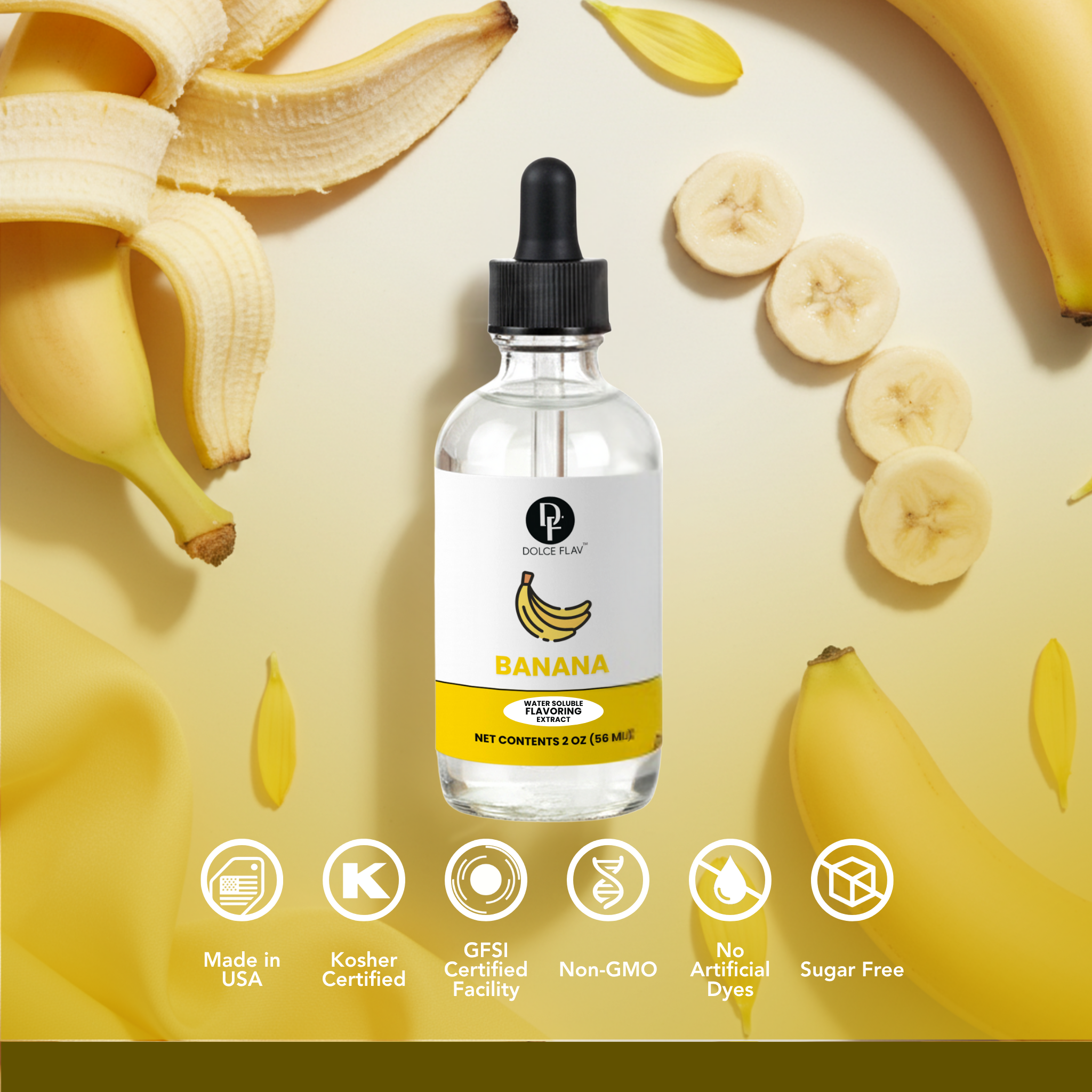 Bottle of banana-flavored e-liquid surrounded by bananas on a light yellow background