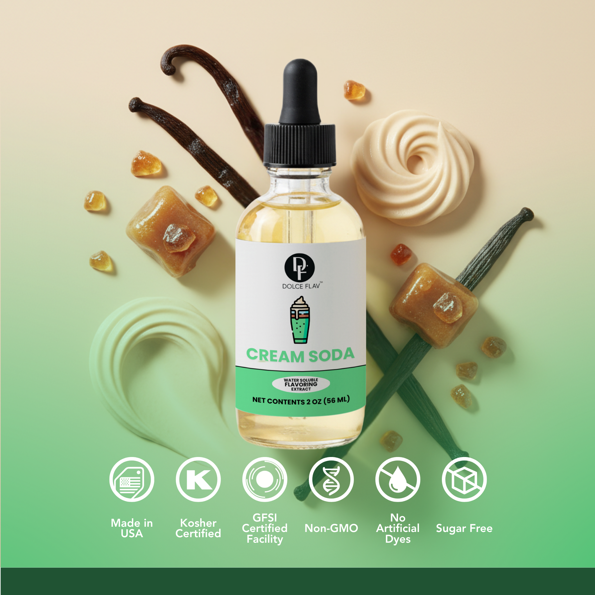 Bottle of cream soda with vanilla beans and whipped cream on a gradient background