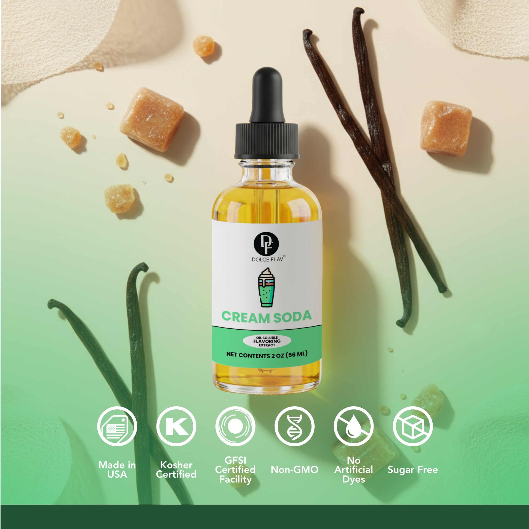 Bottle of 'Cream Soda' with vanilla beans and sugar cubes on a light background