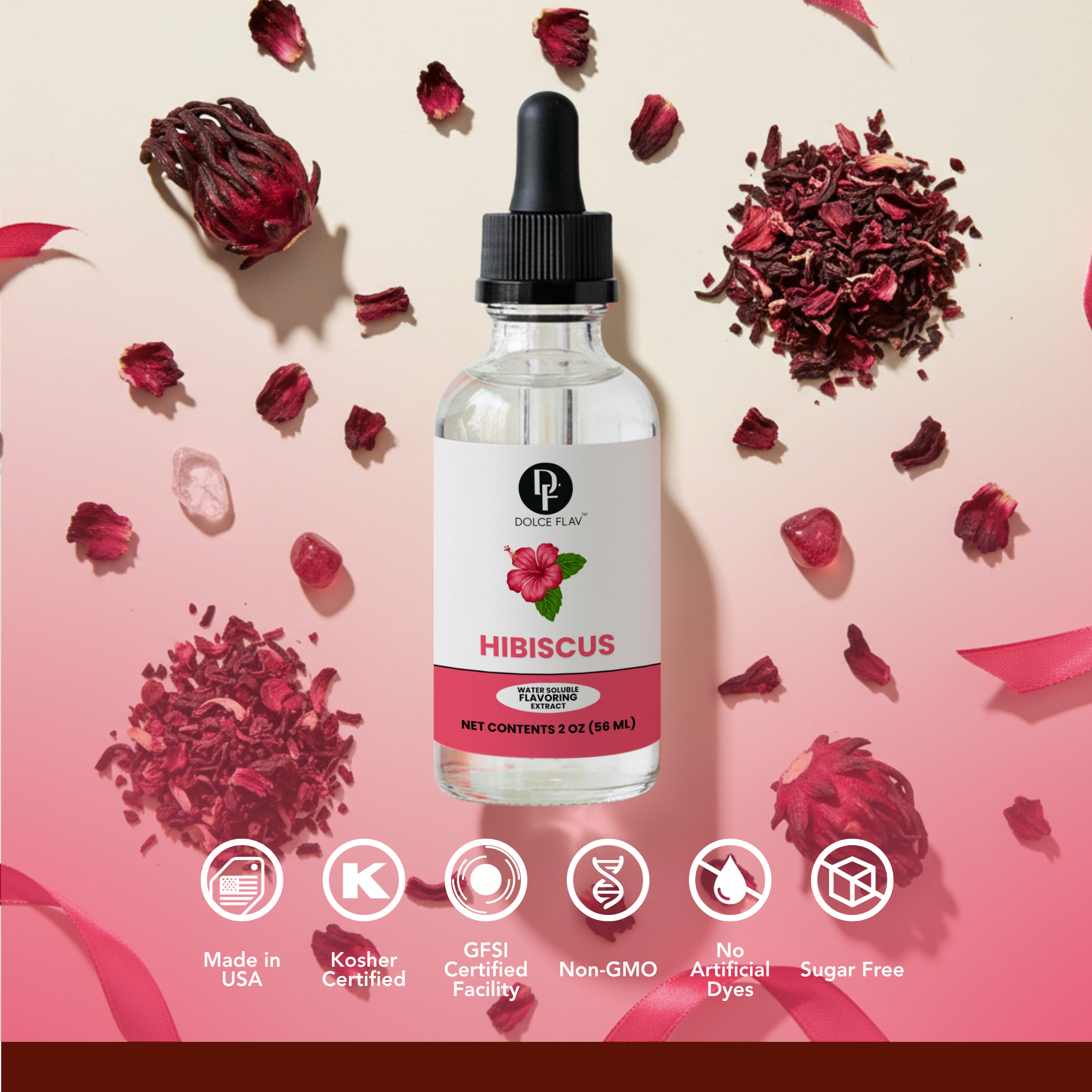 Hibiscus tincture bottle with dried hibiscus flowers on a pink background