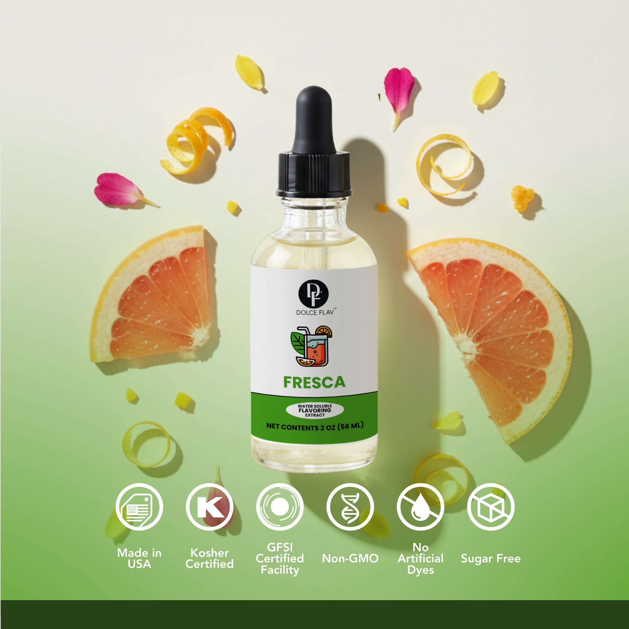 Fresca bottle with grapefruit slices and flowers on a green background