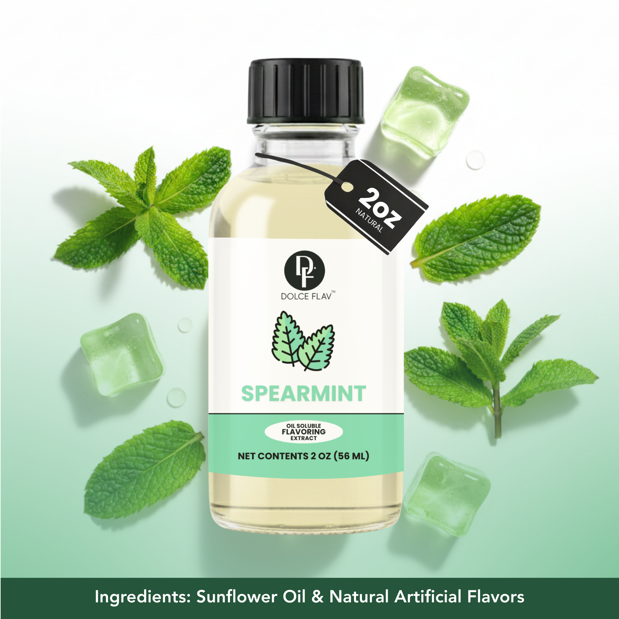 Spearmint extract bottle with mint leaves and ice cubes on a light green background