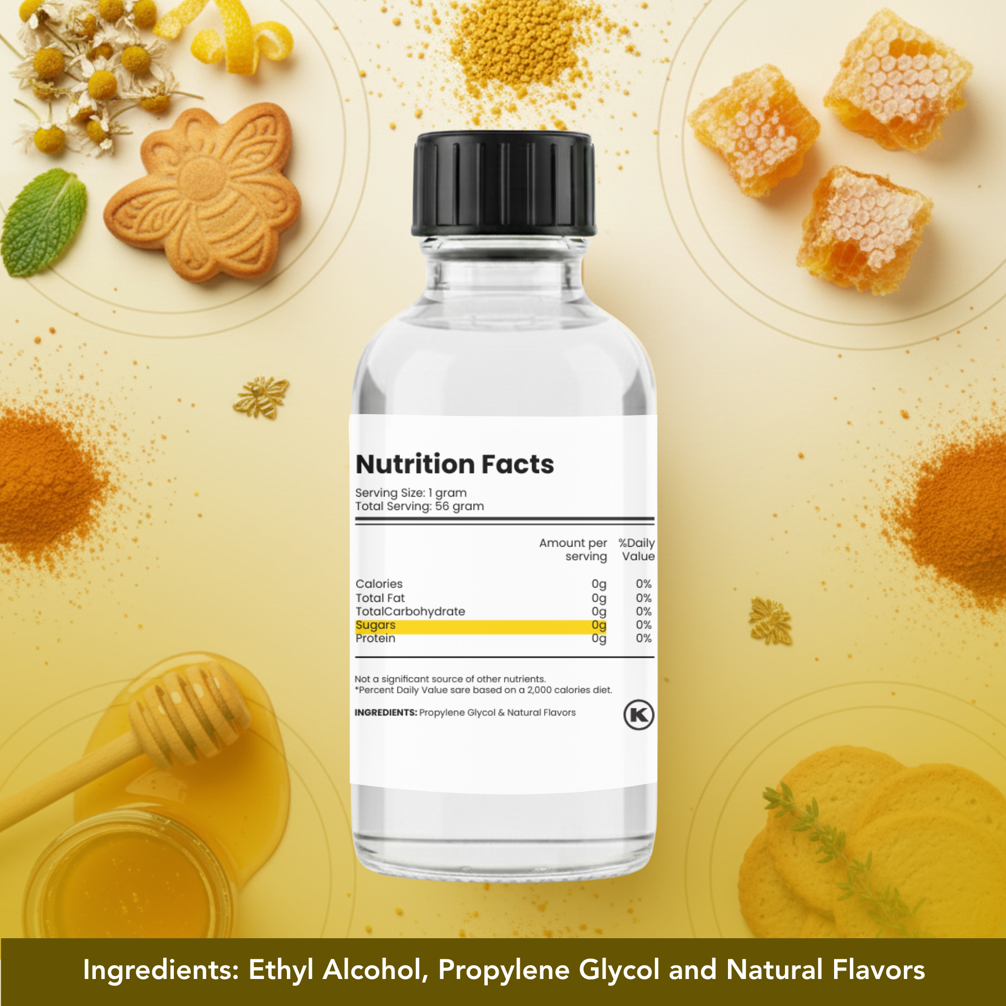Bottle with nutrition facts label on a yellow background with honey and cookies.