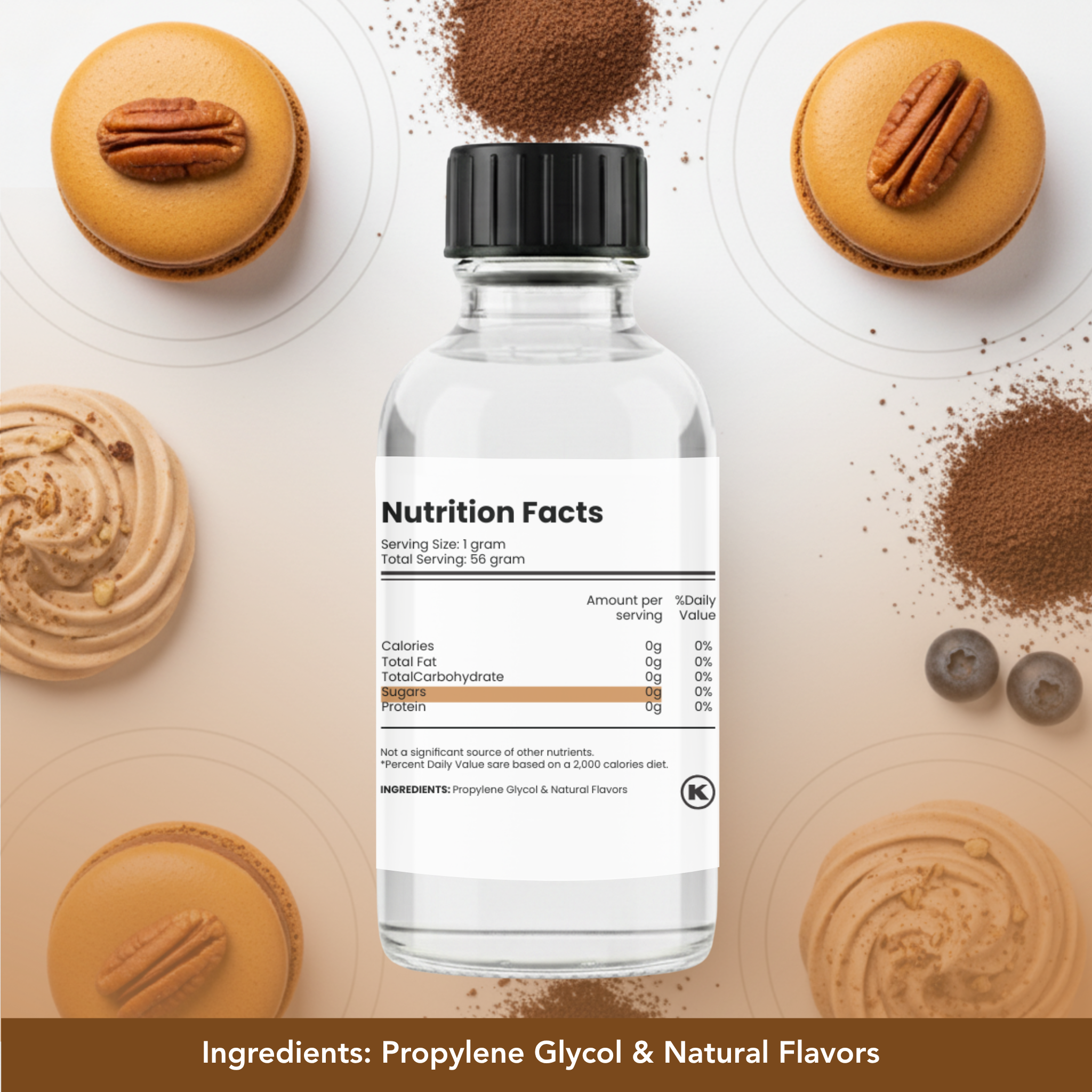 Bottle with nutrition facts label surrounded by cookies and spices on a wooden surface