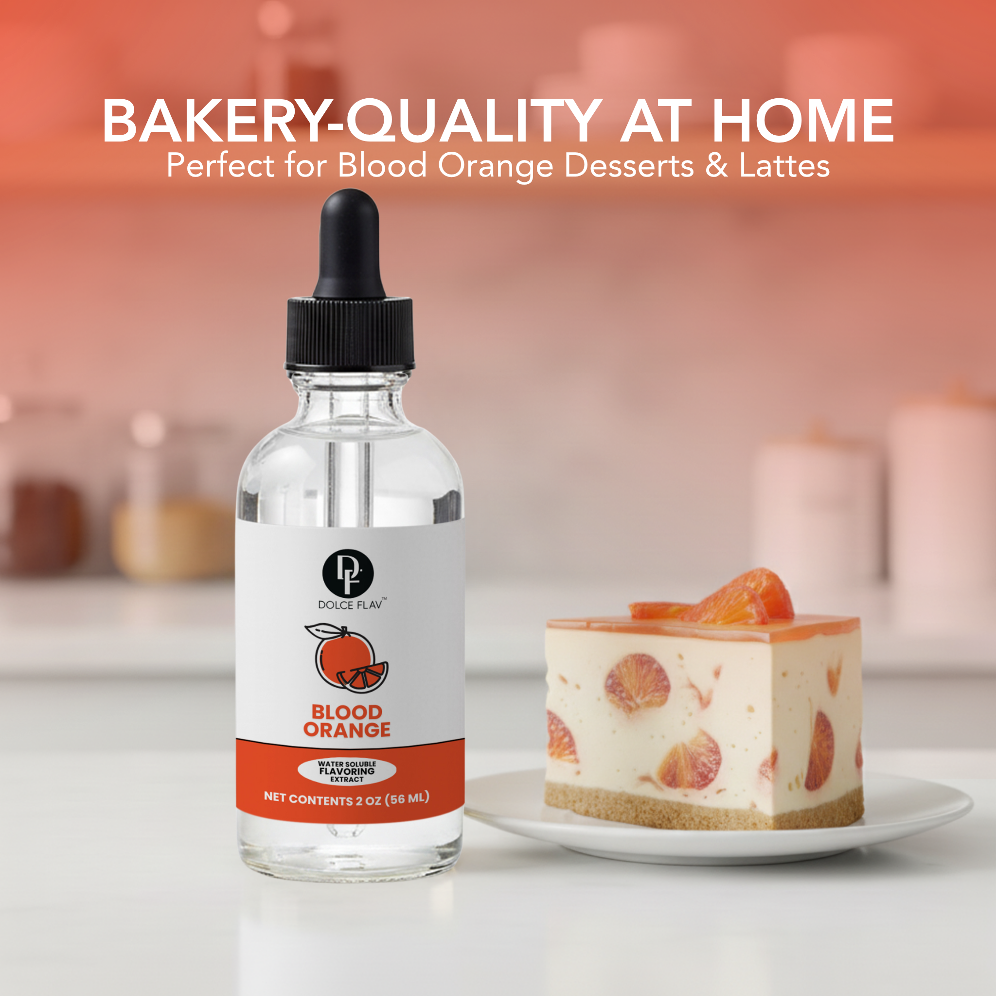 Bottle of blood orange syrup with a cake on a blurred kitchen background