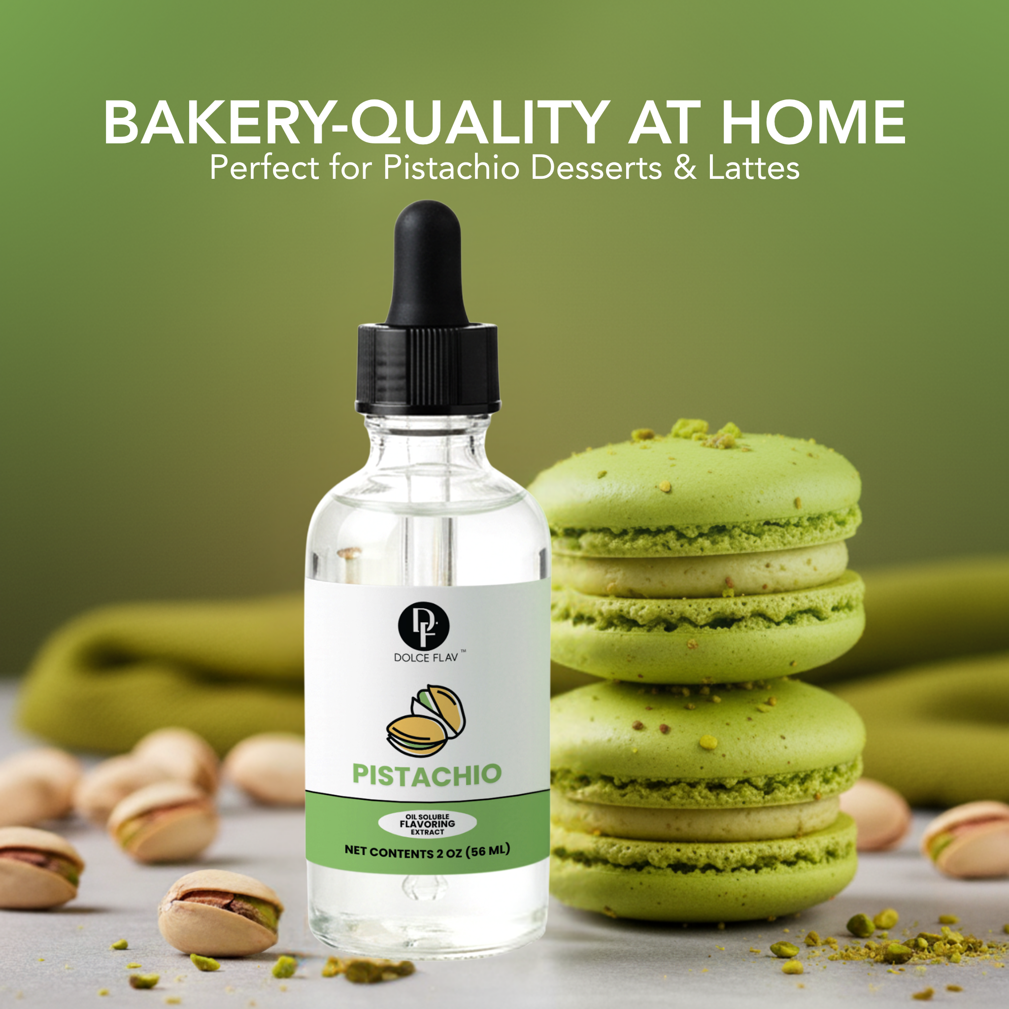 Bottle of pistachio-flavored liquid with pistachio macarons and nuts on a green background