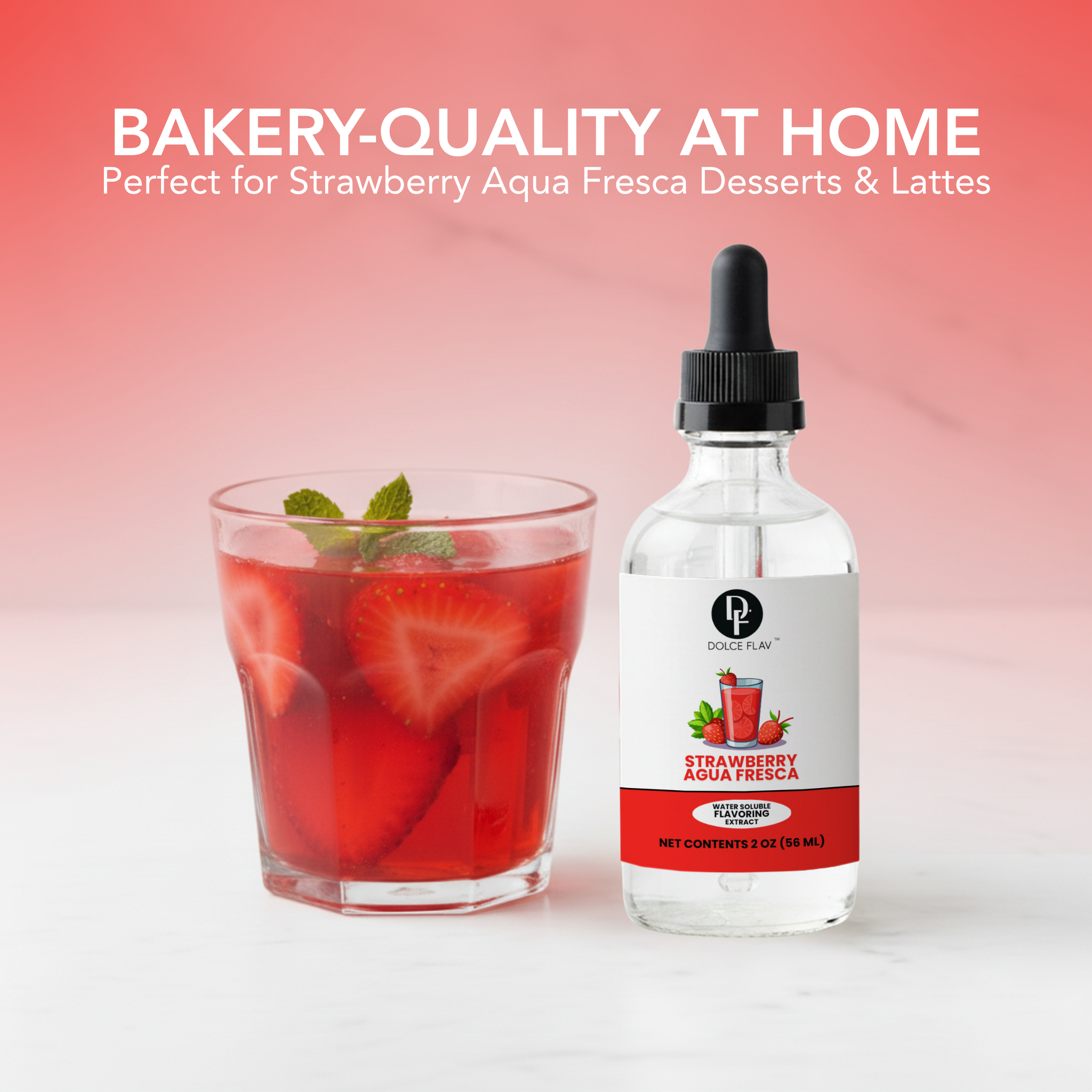 Bottle of Dolce Flora Strawberry Aqua Fresca with a glass of the drink on a white background