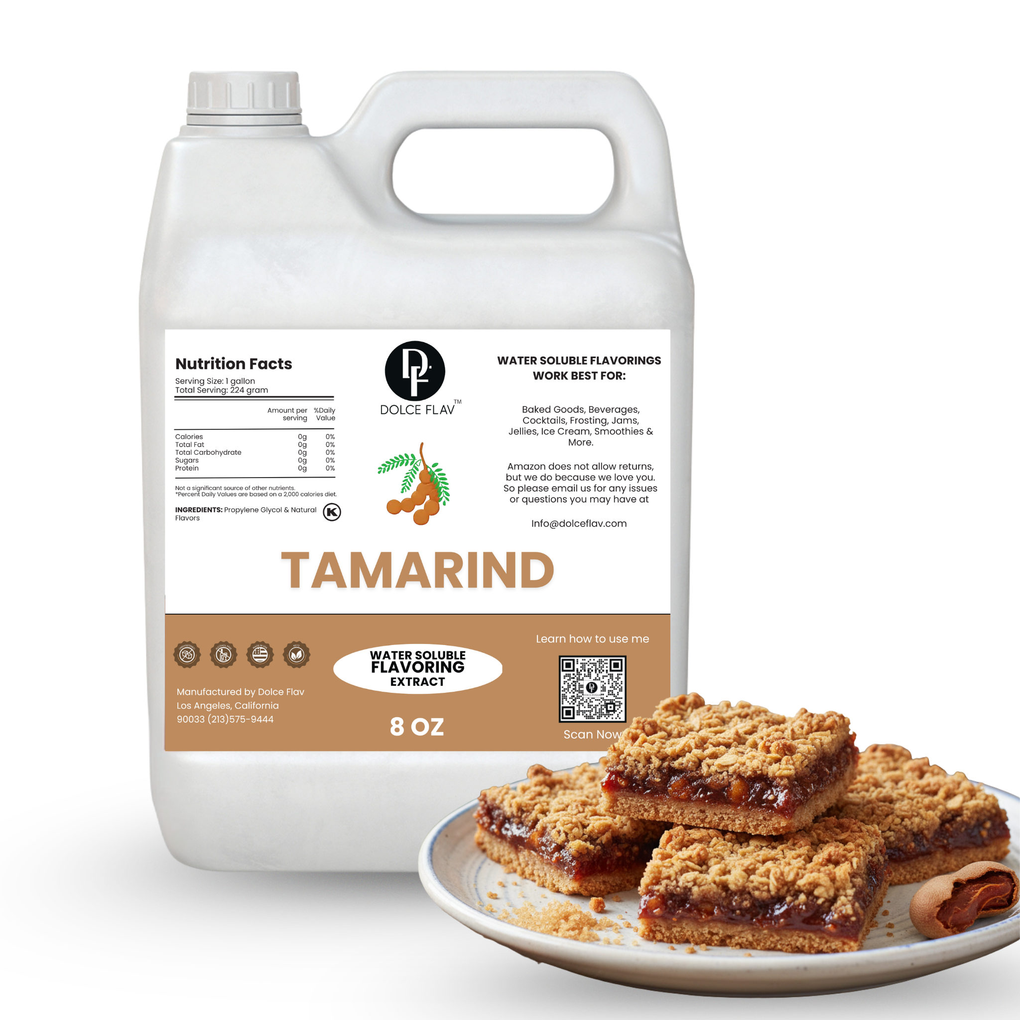 Dolce Flora Tamarind flavoring extract container with a plate of oatmeal cookie bars on a white background