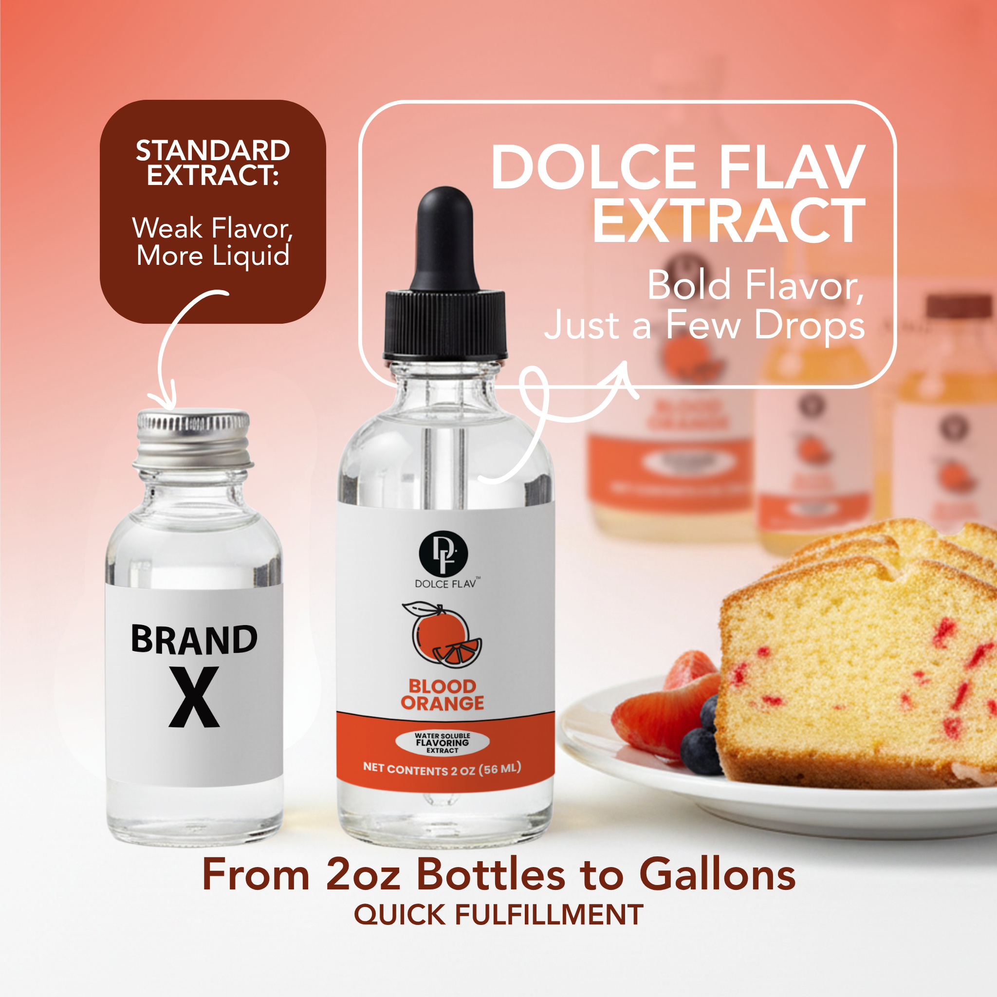 Bottle of Dolce Flav extract with a comparison to Brand X extract, blood orange flavor, and cake in the background.