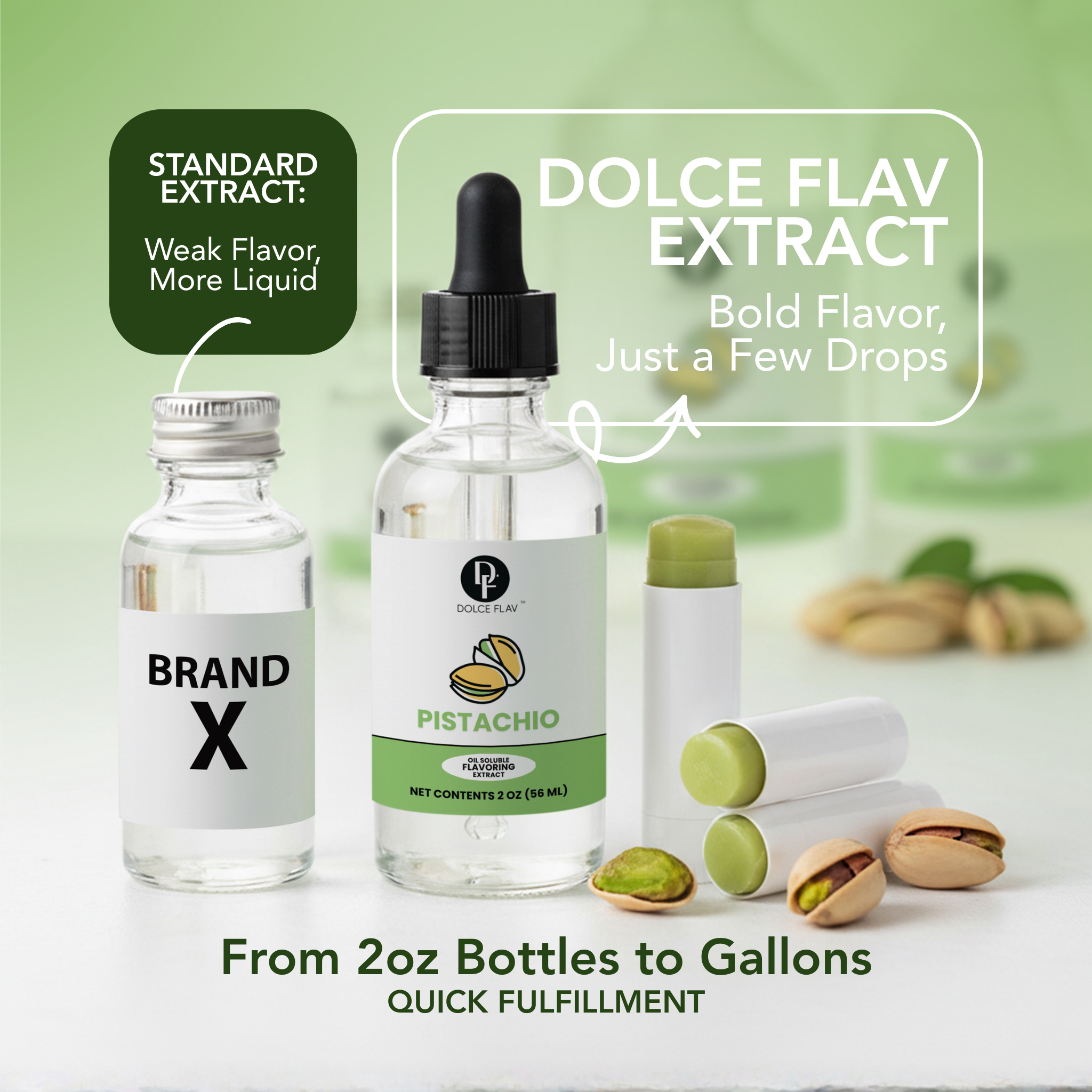 Bottle of pistachio extract with branding and product details on a light green background