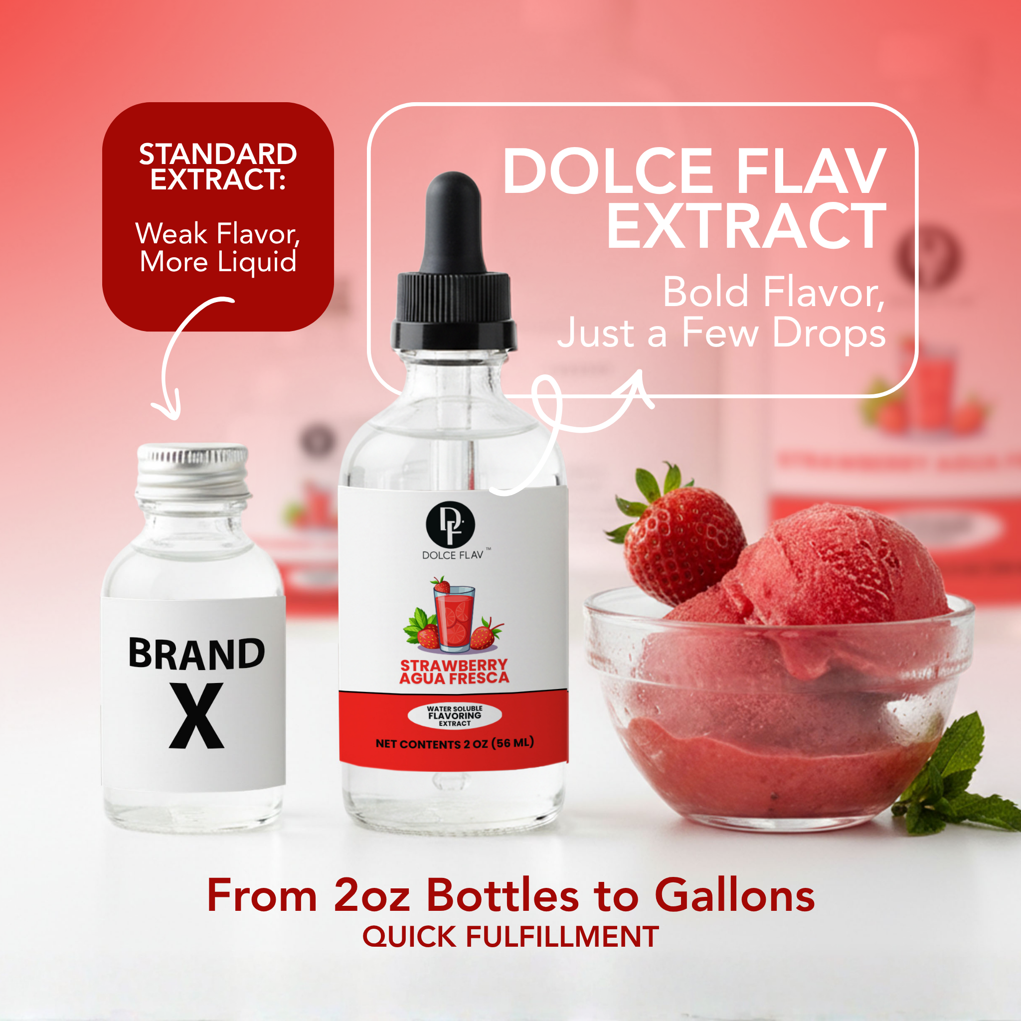 Dolce Flav extract bottle with strawberry ice cream and text about flavor strength comparison.