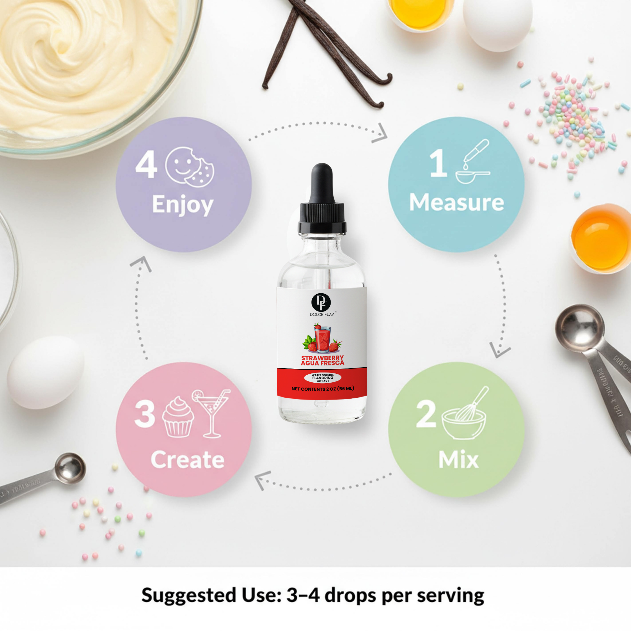 Bottle of strawberry vanilla extract with cooking ingredients and steps on a white background