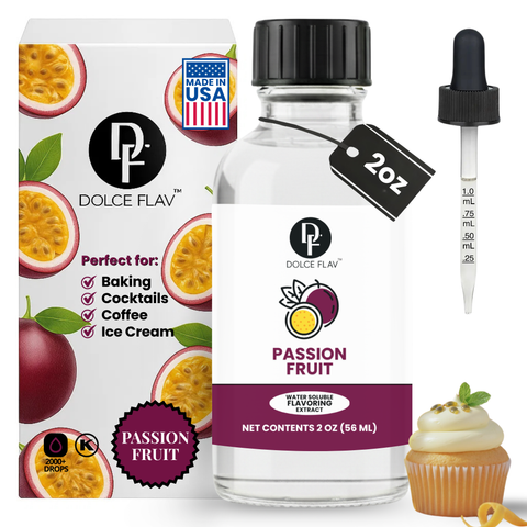 Dolce Flav passion fruit extract bottle with packaging and a cupcake illustration.