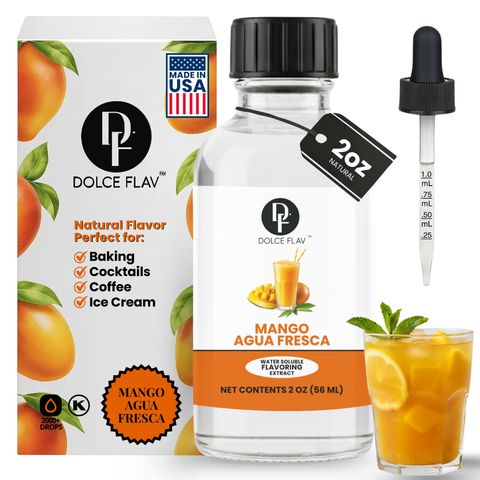 Dolce Flav Mango Agua Fresca flavor extract bottle with packaging and a glass of mango agua fresca.