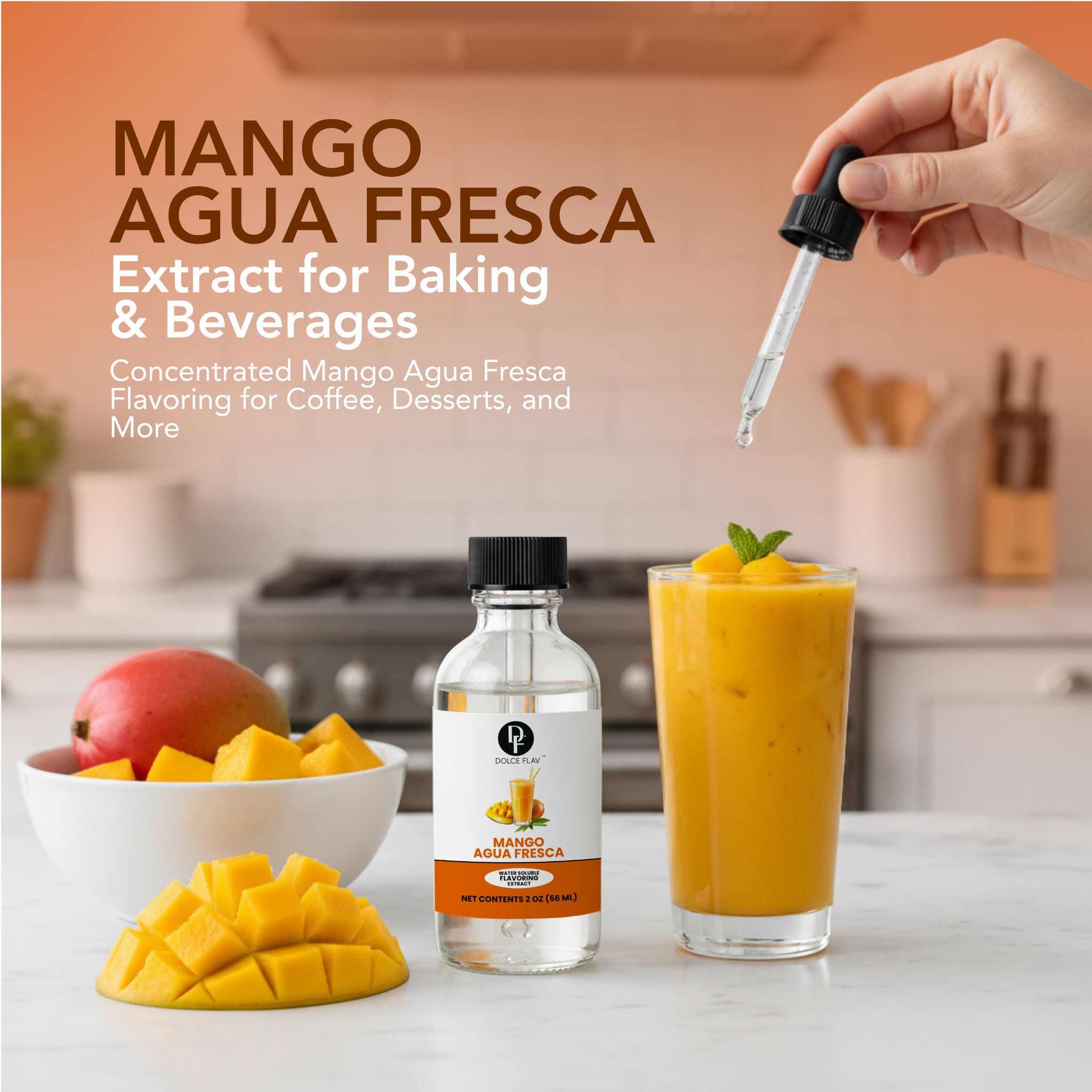 Mango Agua Fresca extract bottle with a glass of mango juice and a dropper in a kitchen setting.