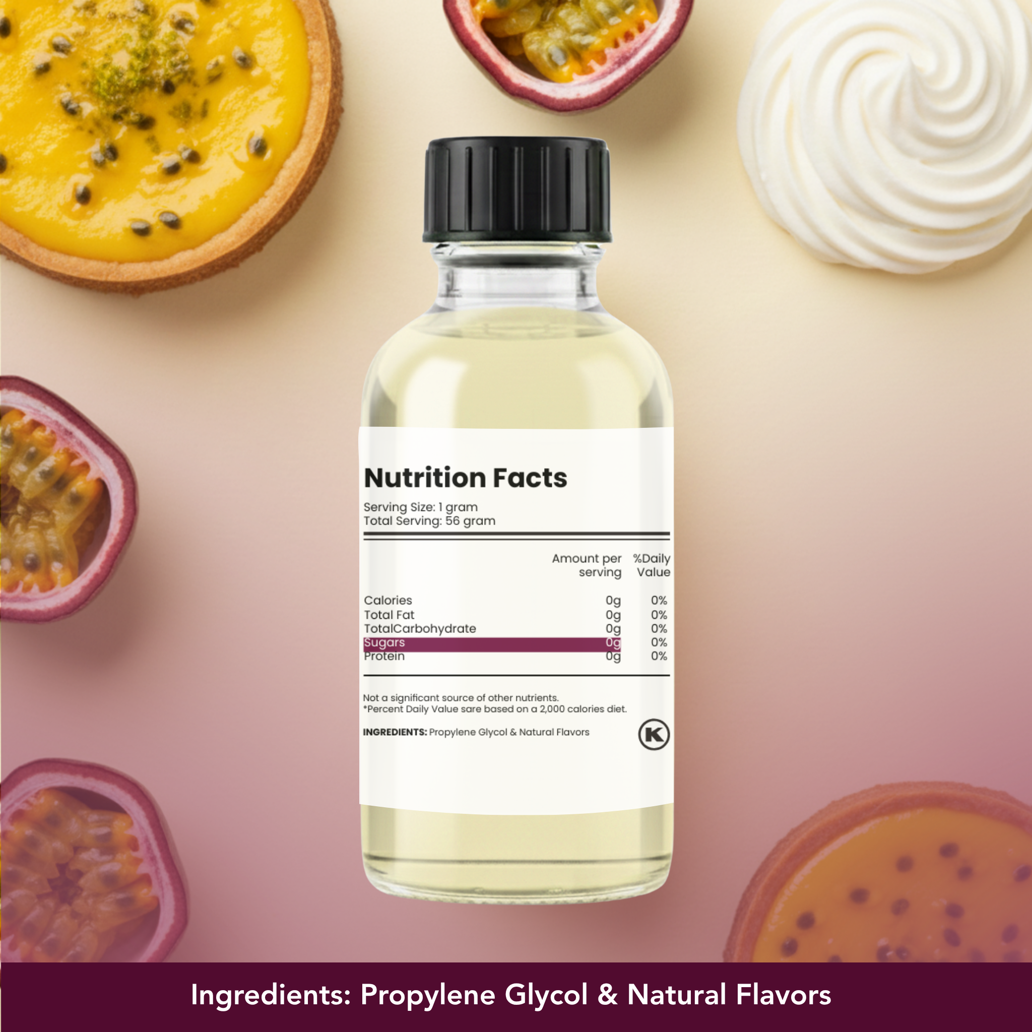 Bottle of a product with nutrition facts label surrounded by passion fruits on a pink background