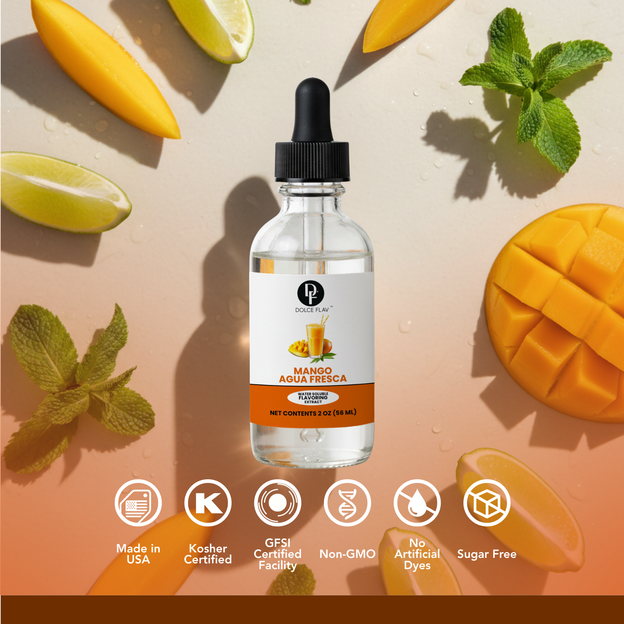 Bottle of mango aguas frescas with fruit and mint leaves on a gradient background