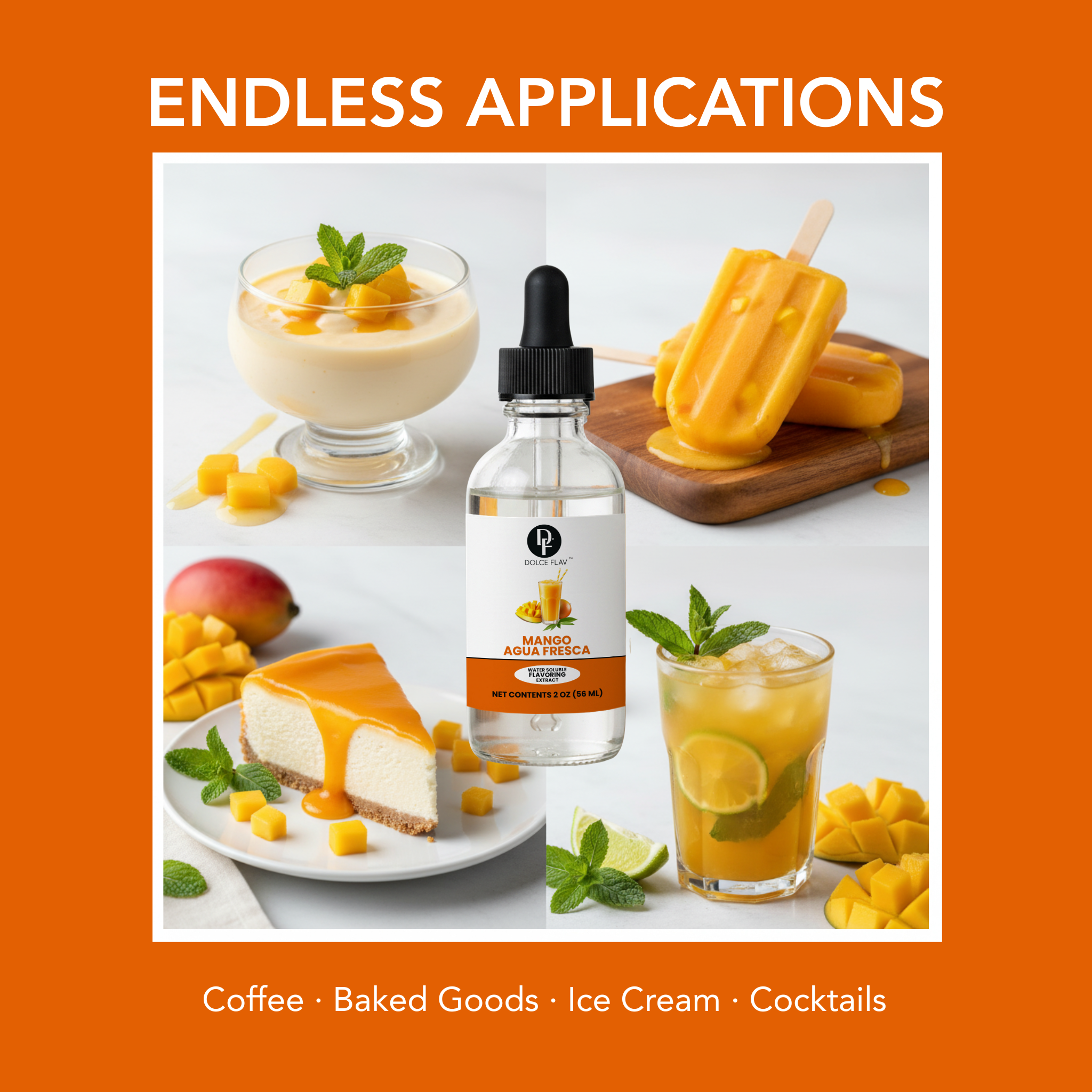 Mango-themed products including a bottle, dessert, and drink on a white background with 'Endless Applications' text.